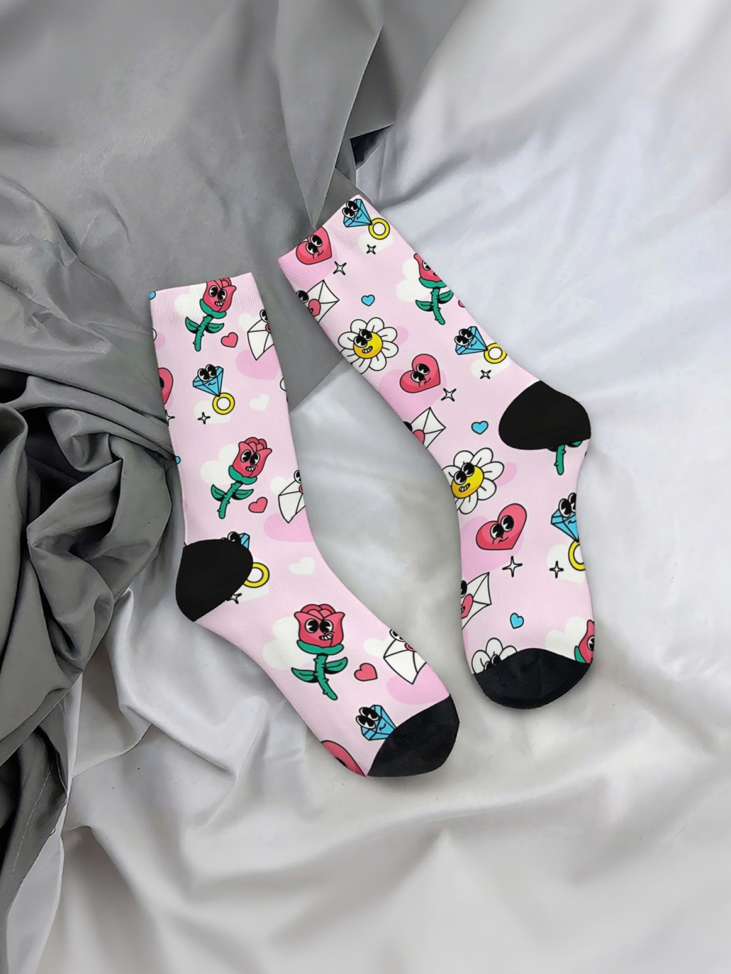 "Doodle Love" Romantic Crew Socks | Cute Heart & Cartoon Flower Print Set (3 Pairs)