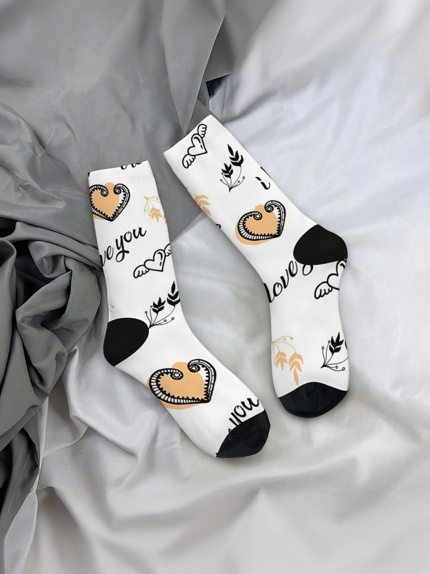 "Doodle Love" Romantic Crew Socks | Cute Heart & Cartoon Flower Print Set (3 Pairs)
