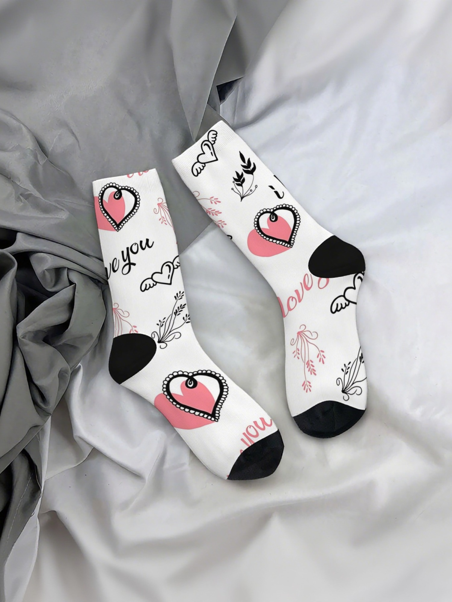 "Doodle Love" Romantic Crew Socks | Cute Heart & Cartoon Flower Print Set (3 Pairs)