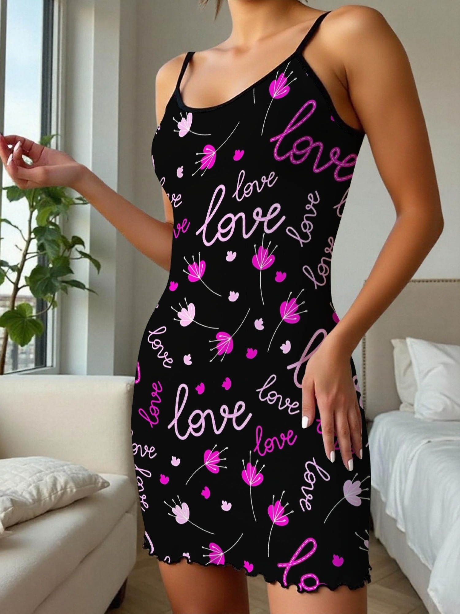 "Love in Bloom" Romantic Slip Nightdress | Black Neon Script & Floral Sleepwear