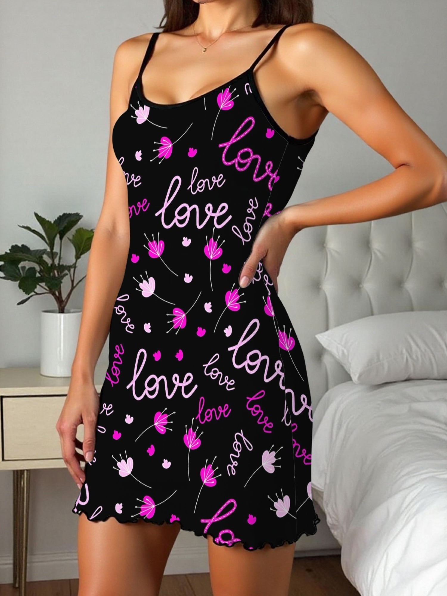 "Love in Bloom" Romantic Slip Nightdress | Black Neon Script & Floral Sleepwear