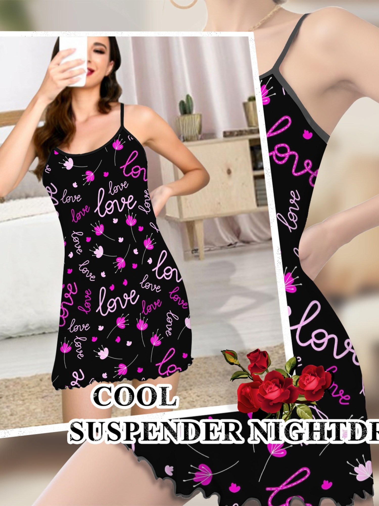 "Love in Bloom" Romantic Slip Nightdress | Black Neon Script & Floral Sleepwear