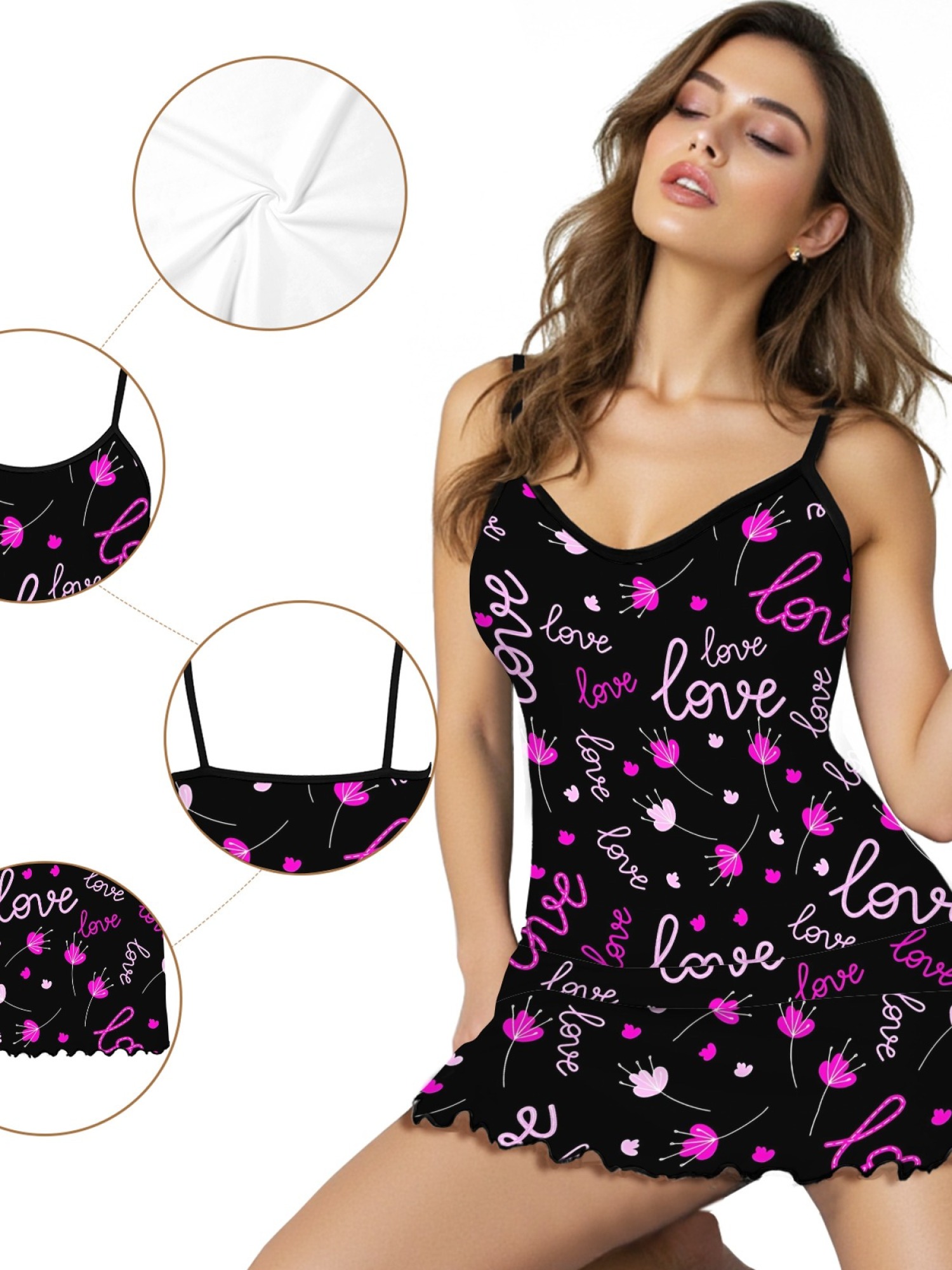 "Love in Bloom" Romantic Slip Nightdress | Black Neon Script & Floral Sleepwear