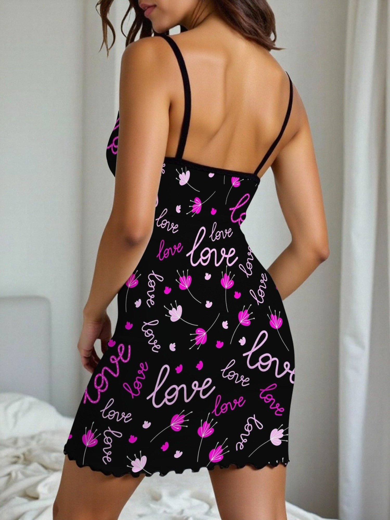 "Love in Bloom" Romantic Slip Nightdress | Black Neon Script & Floral Sleepwear