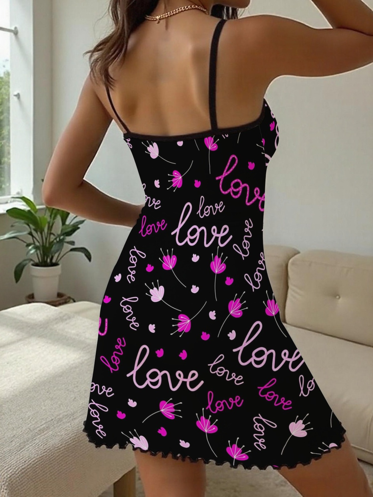 "Love in Bloom" Romantic Slip Nightdress | Black Neon Script & Floral Sleepwear