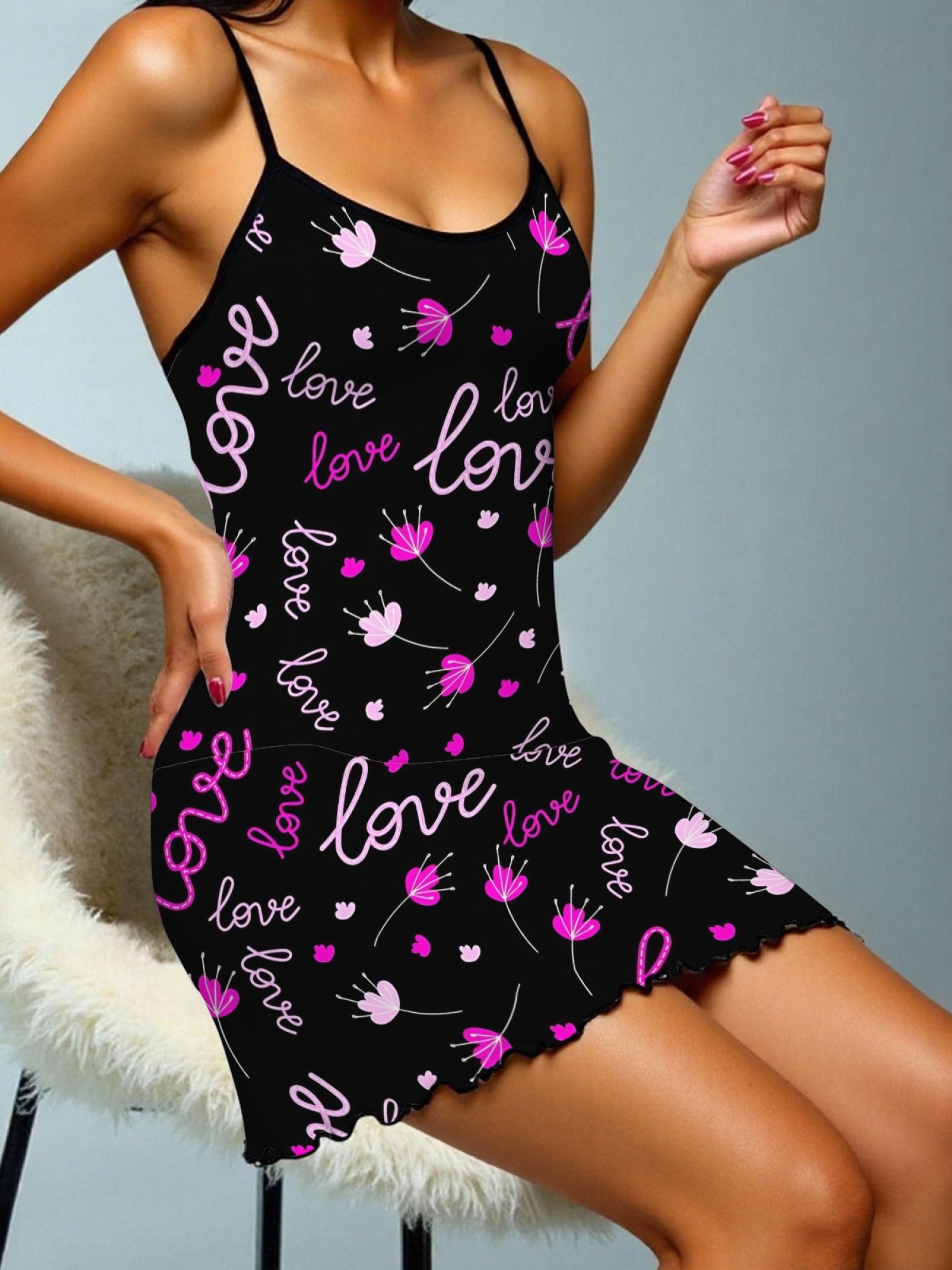 "Love in Bloom" Romantic Slip Nightdress | Black Neon Script & Floral Sleepwear