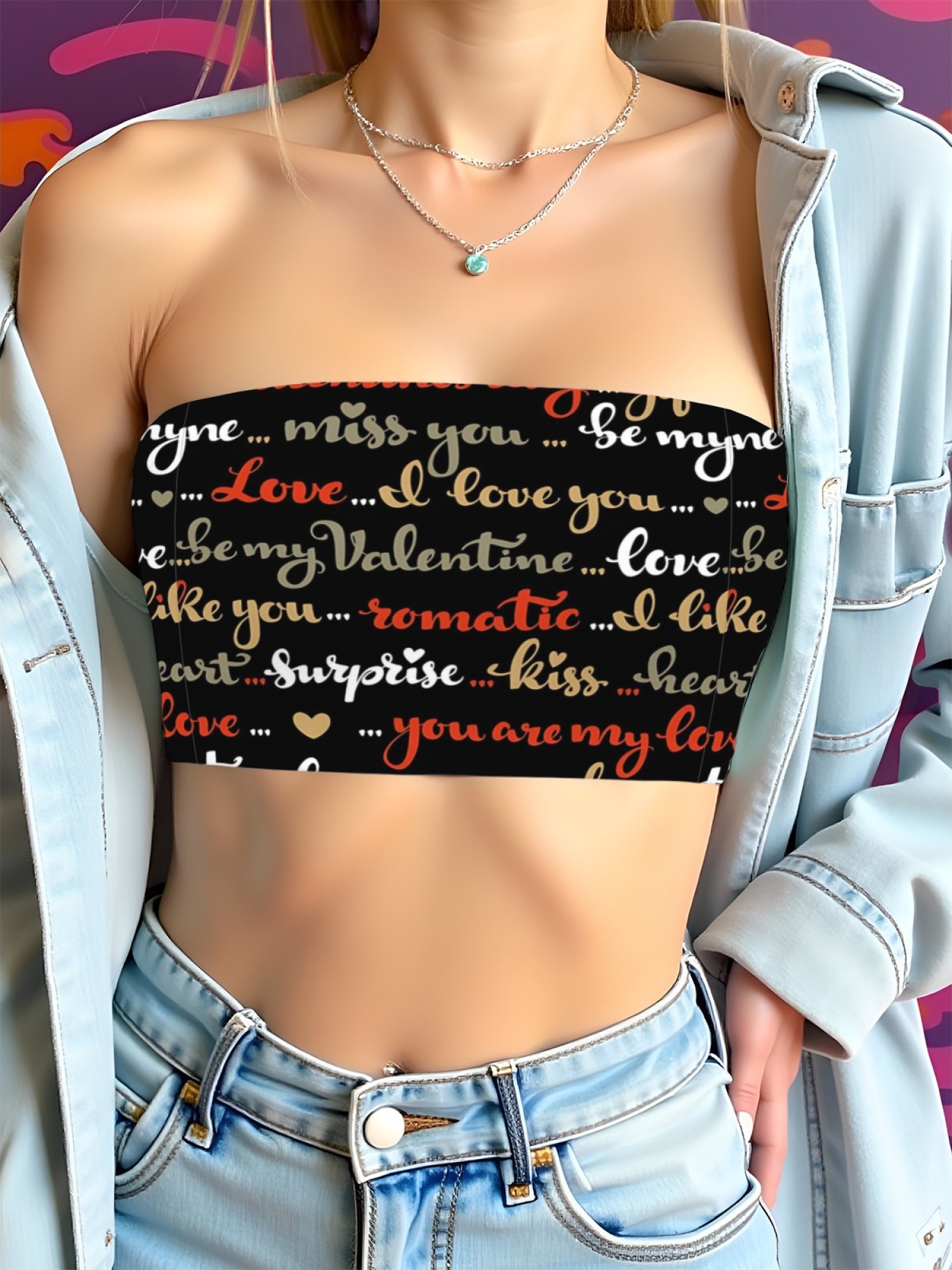 "Love Note" Typography Tube Top | Romantic Script Print Strapless Crop Top