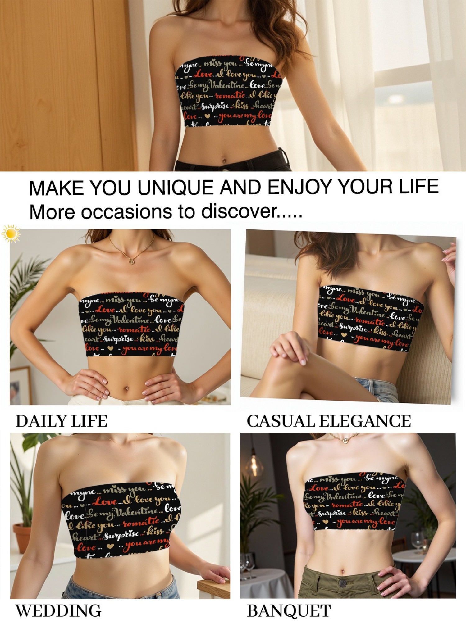 "Love Note" Typography Tube Top | Romantic Script Print Strapless Crop Top