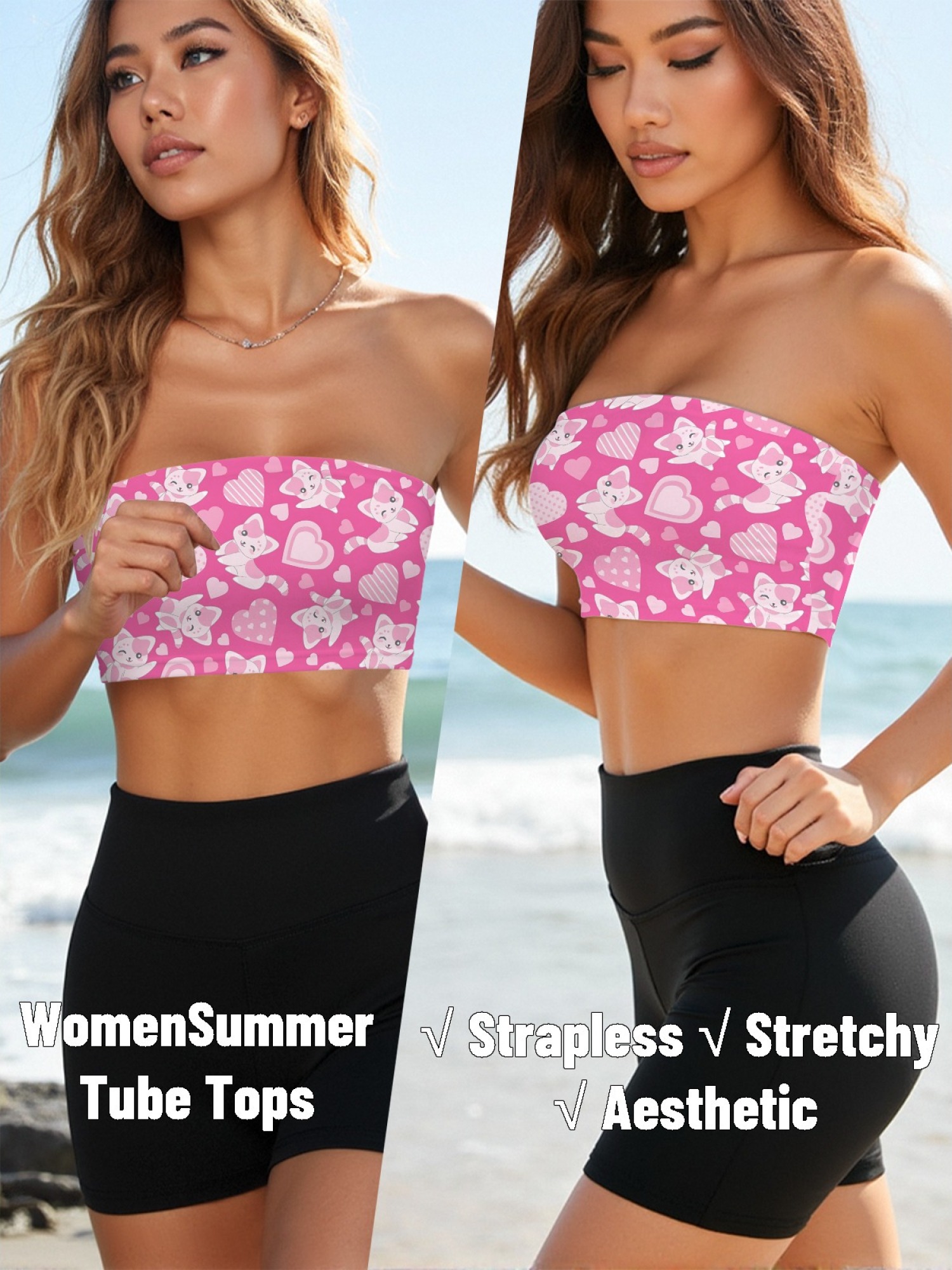 "Sweet Kitty" Pink Heart & Cat Tube Top | Kawaii Soft Girl Aesthetic Crop Top