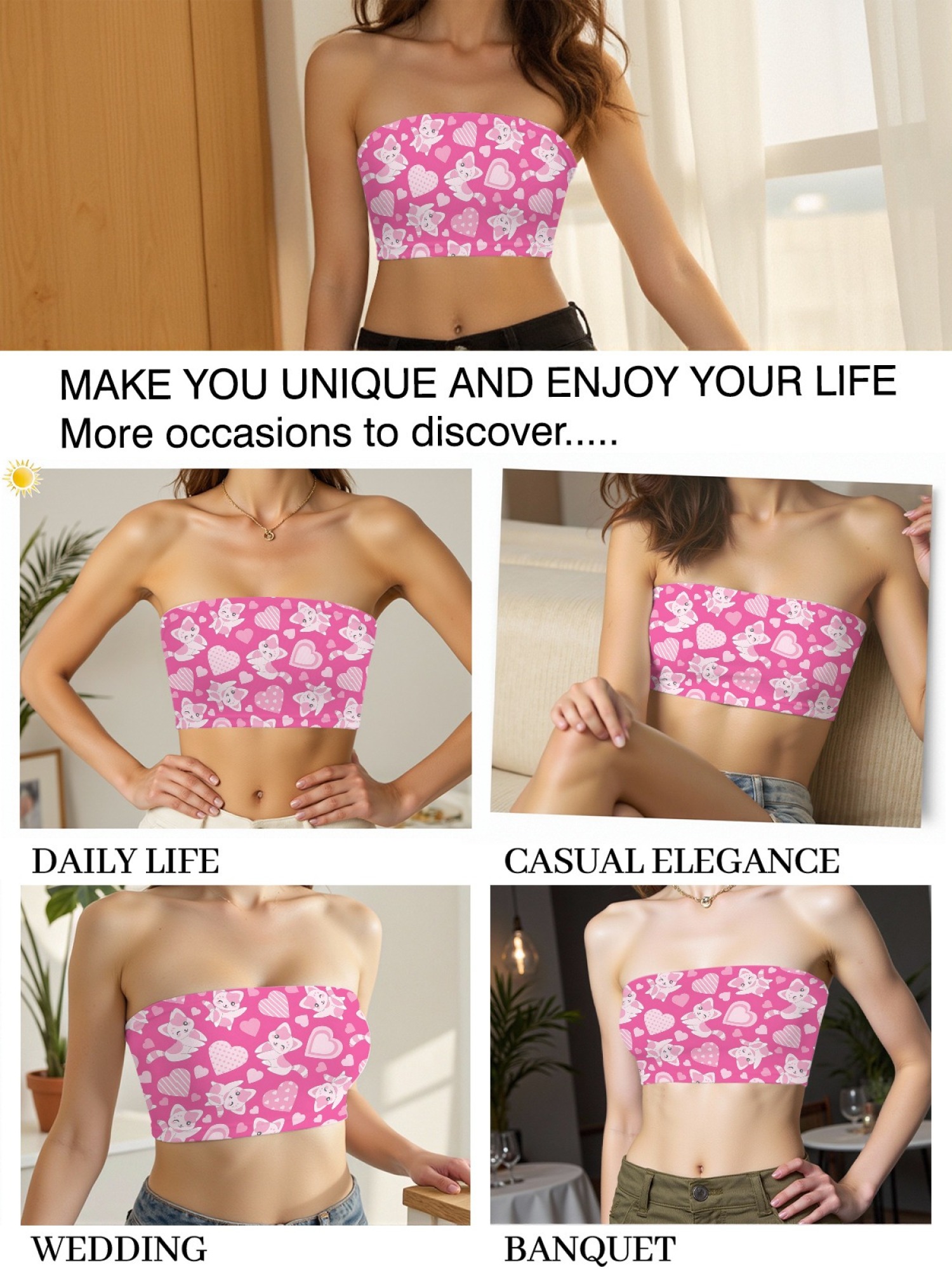 "Sweet Kitty" Pink Heart & Cat Tube Top | Kawaii Soft Girl Aesthetic Crop Top