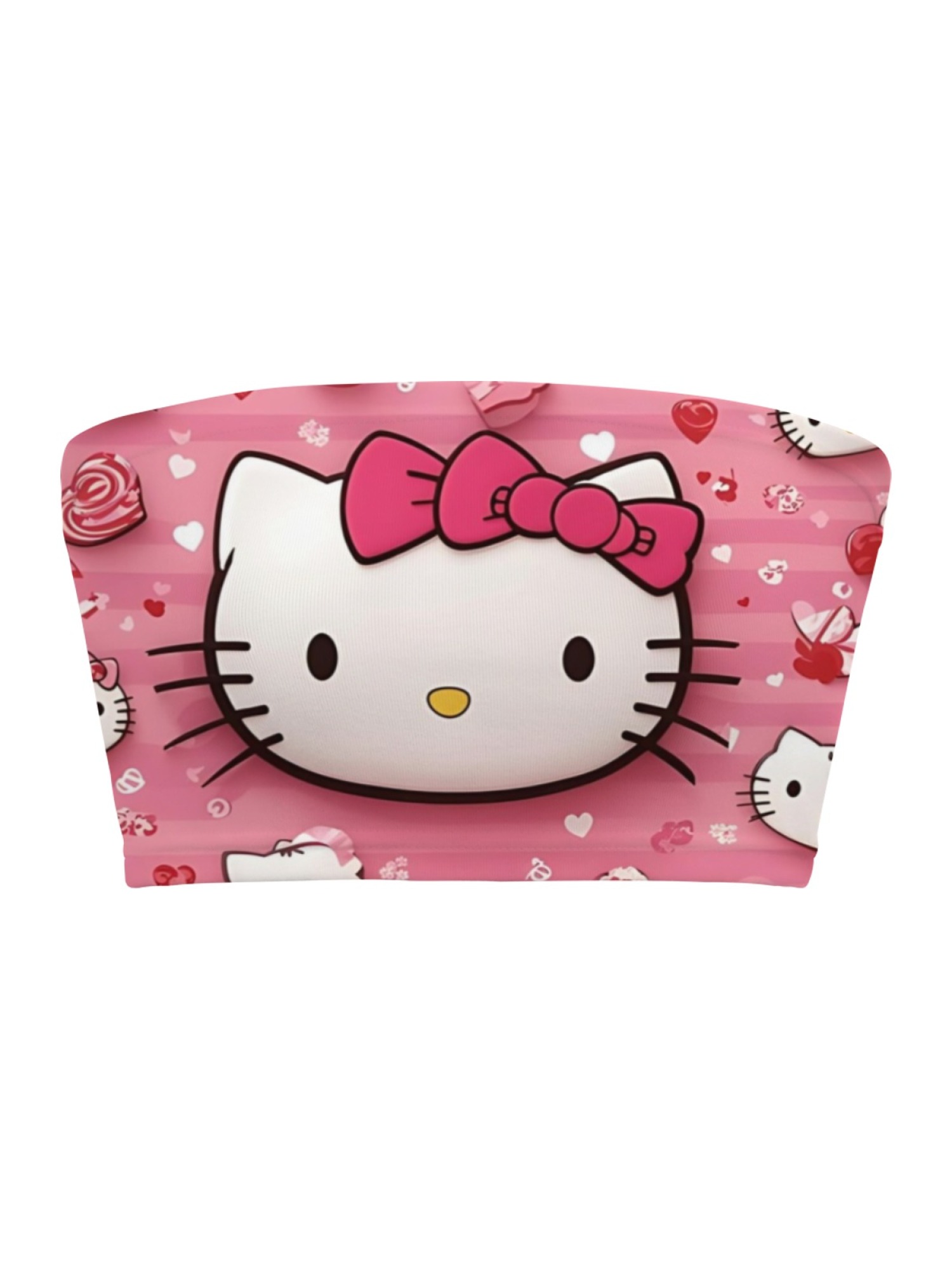 "Pink Love" Hello Kitty Tube Top | Cute Heart & Stripe Print Strapless Crop Top