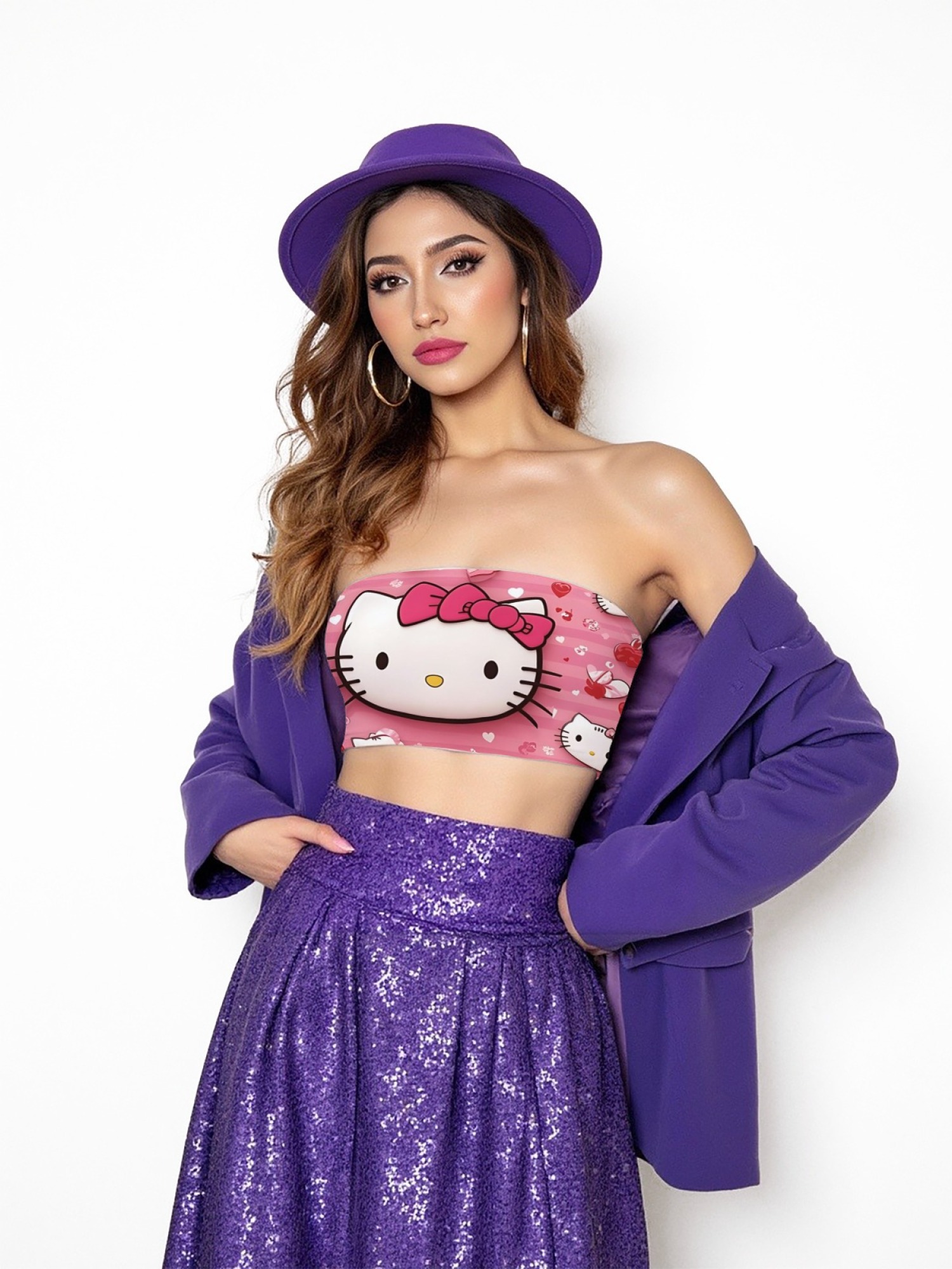 "Pink Love" Hello Kitty Tube Top | Cute Heart & Stripe Print Strapless Crop Top