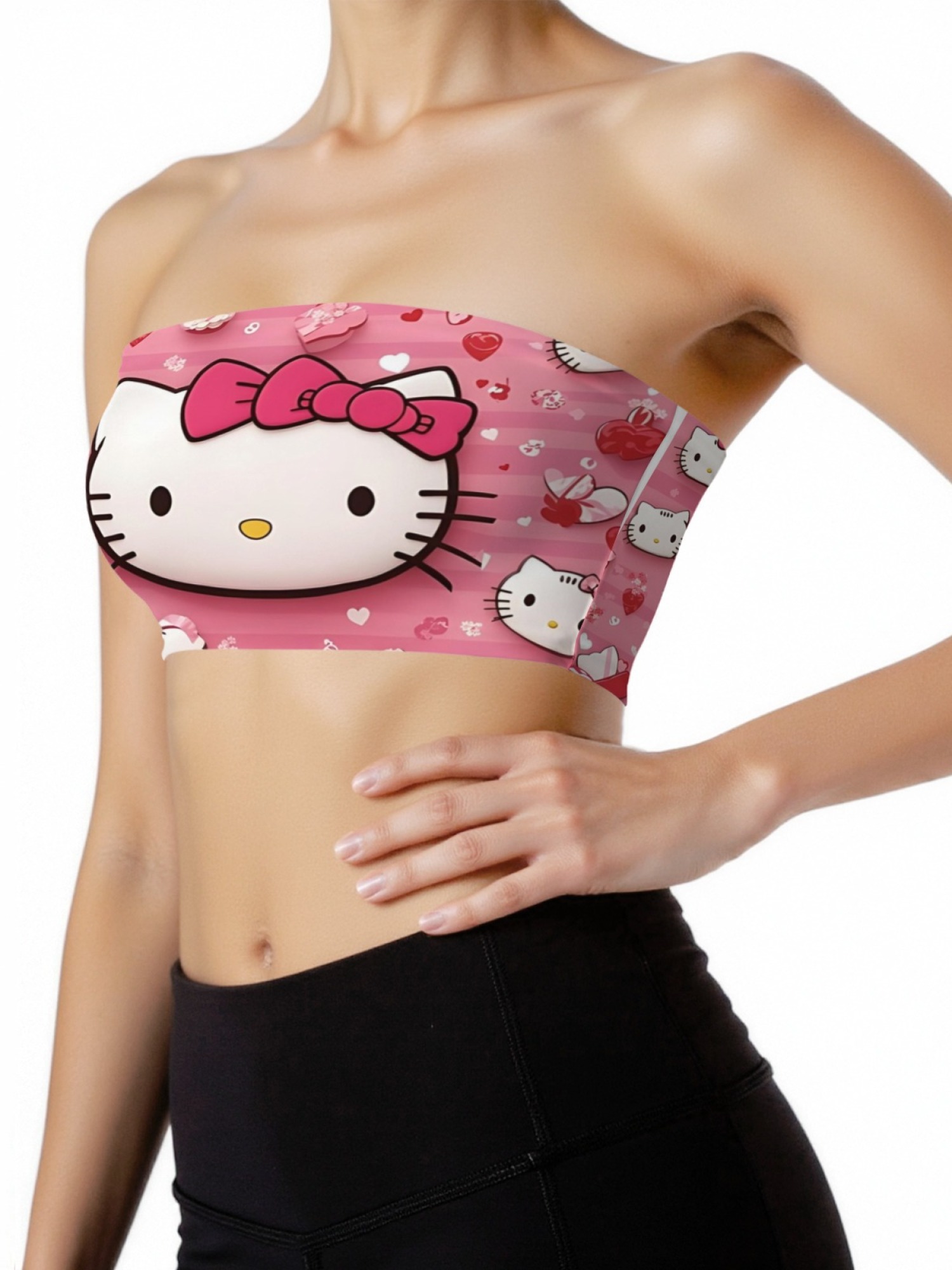 "Pink Love" Hello Kitty Tube Top | Cute Heart & Stripe Print Strapless Crop Top