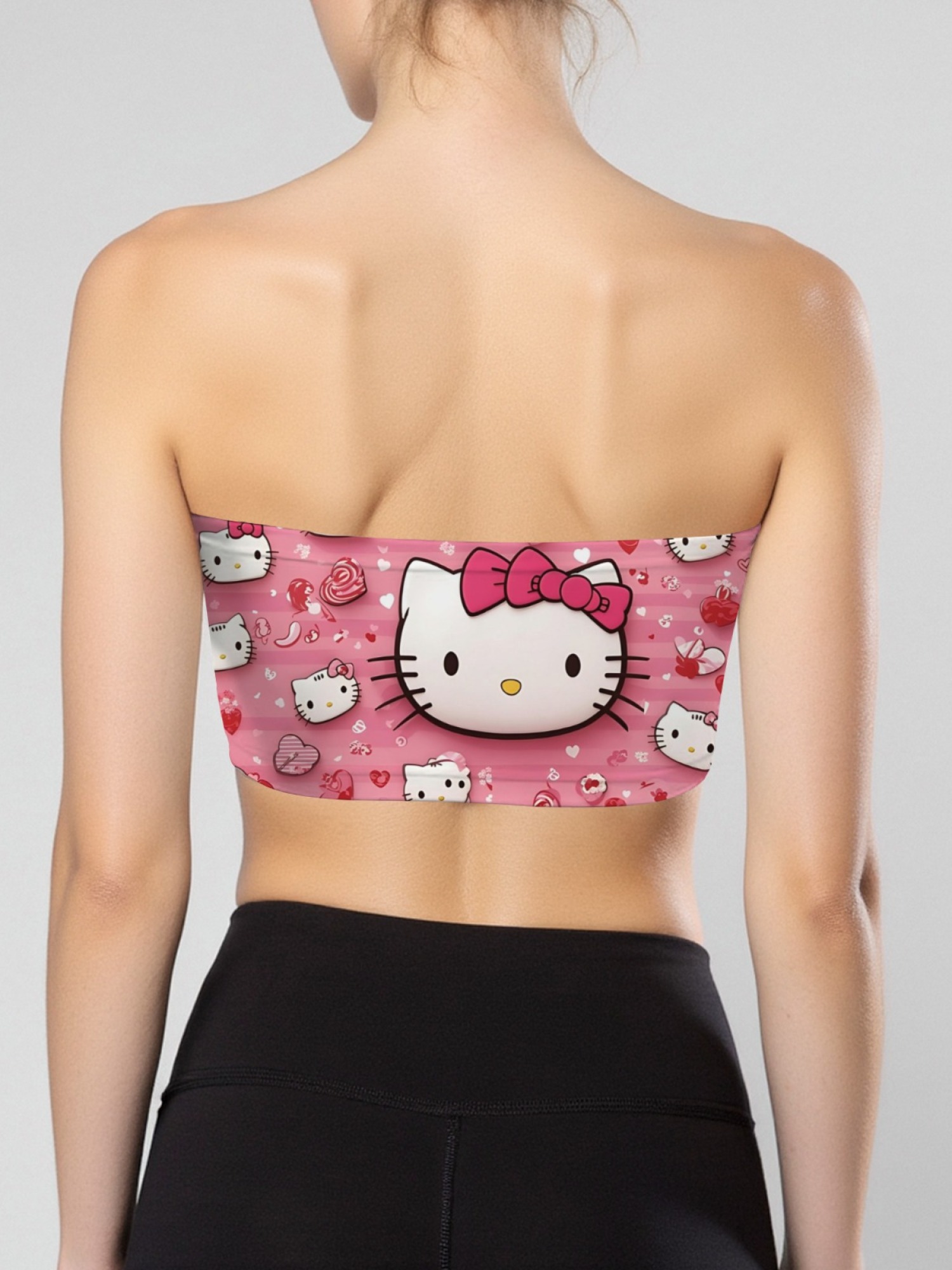 "Pink Love" Hello Kitty Tube Top | Cute Heart & Stripe Print Strapless Crop Top