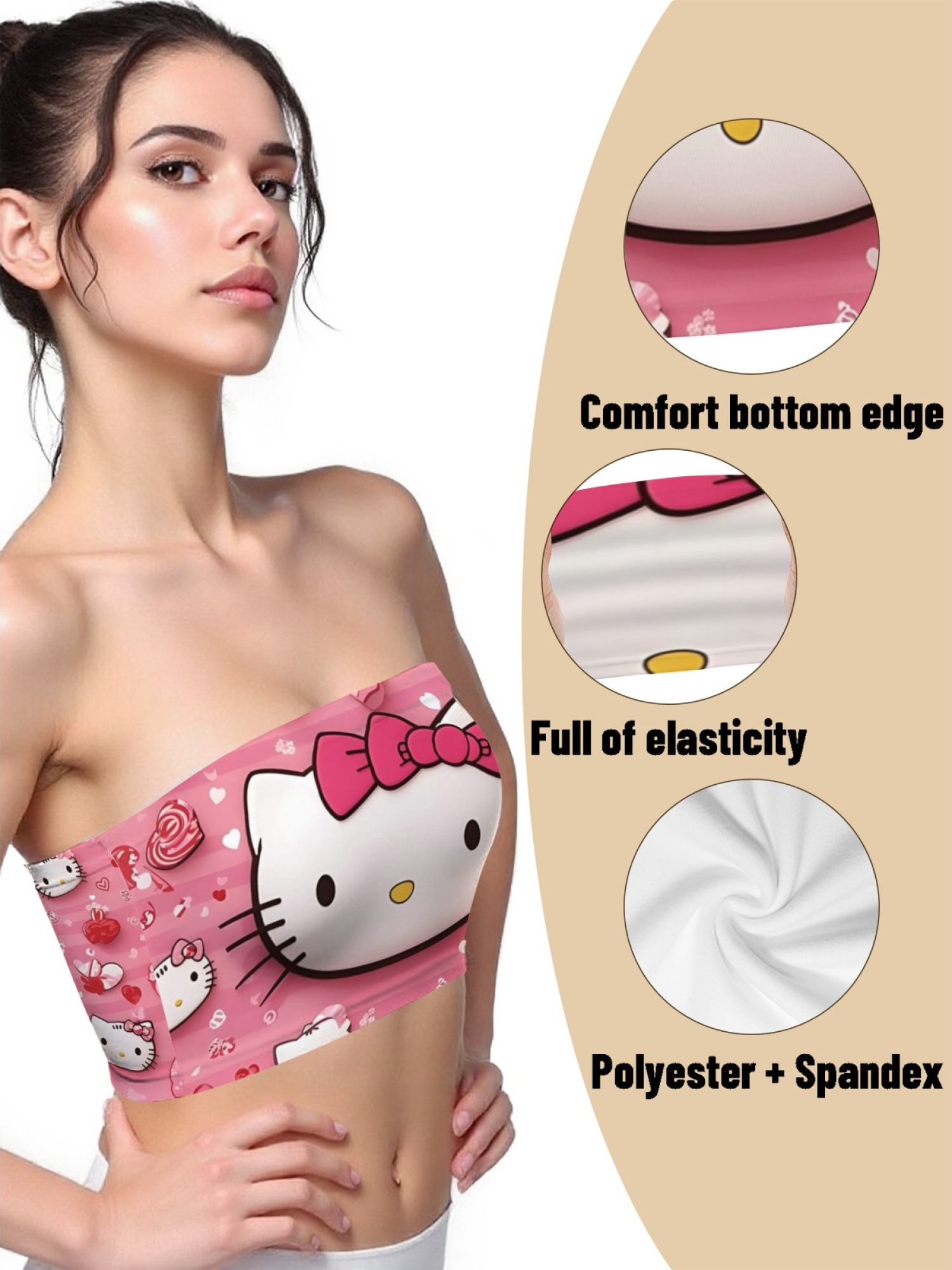 "Pink Love" Hello Kitty Tube Top | Cute Heart & Stripe Print Strapless Crop Top