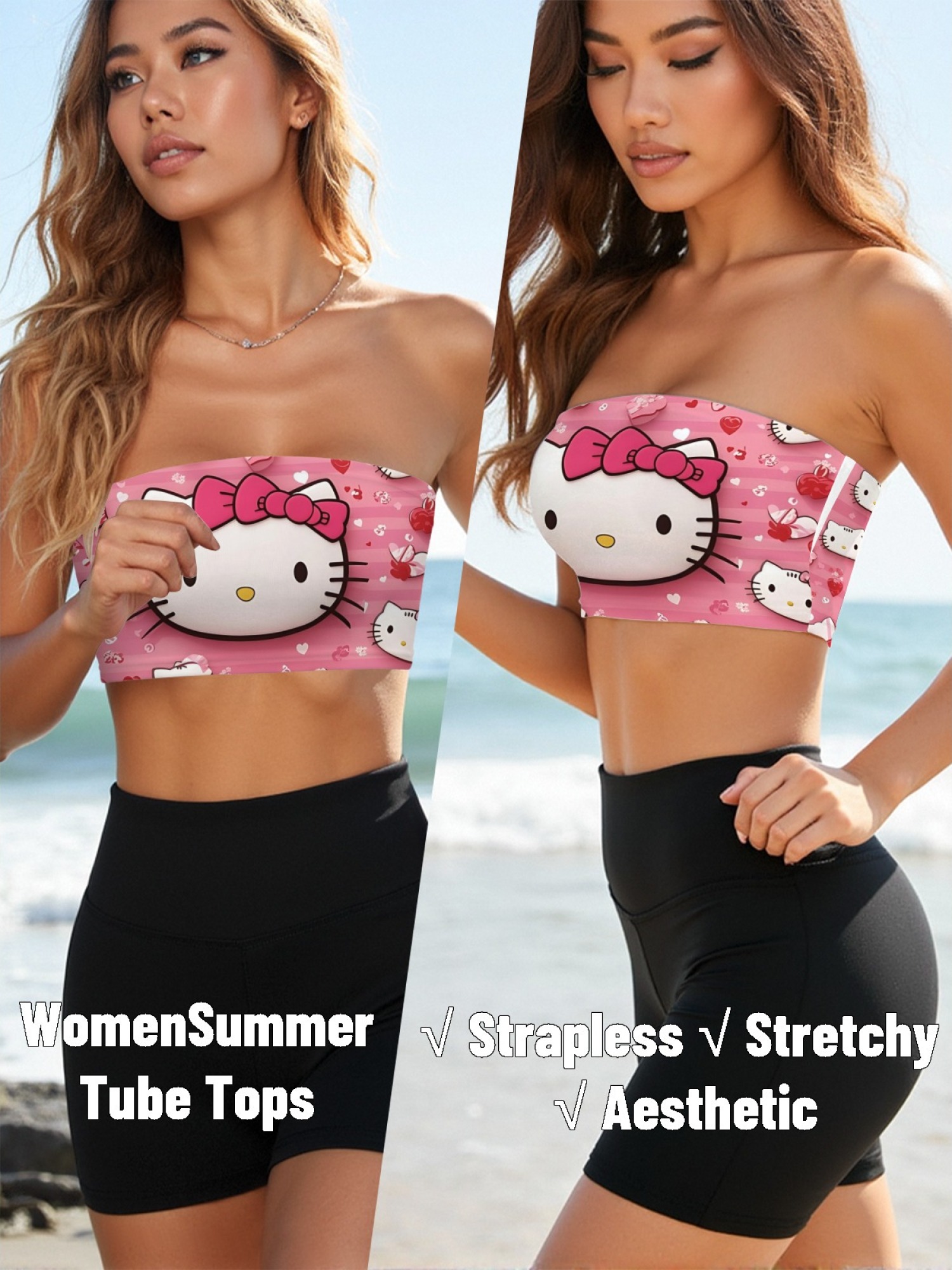 "Pink Love" Hello Kitty Tube Top | Cute Heart & Stripe Print Strapless Crop Top