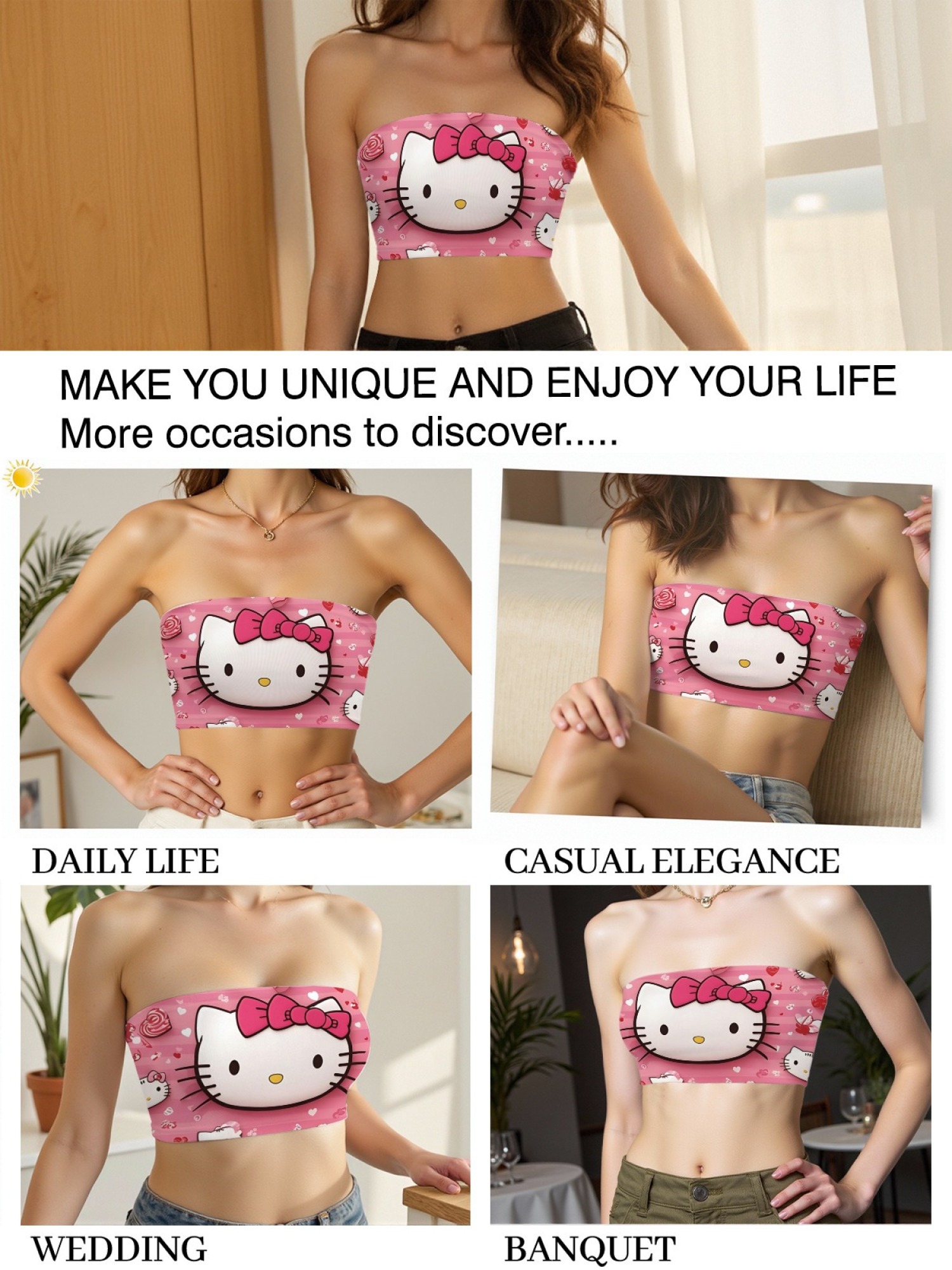 "Pink Love" Hello Kitty Tube Top | Cute Heart & Stripe Print Strapless Crop Top