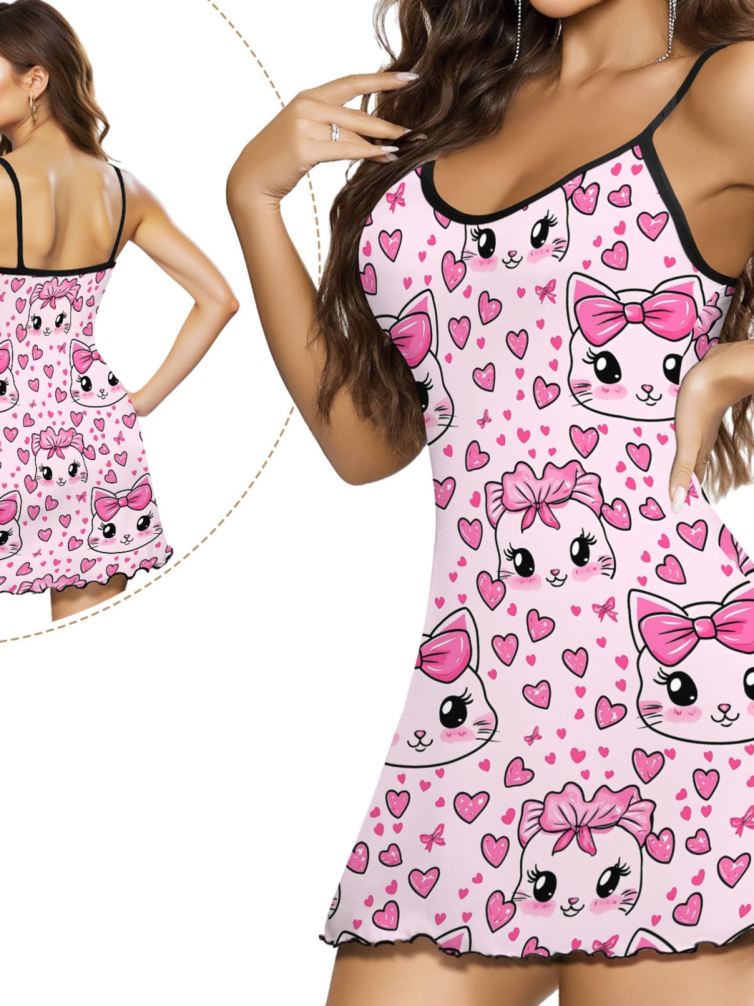"Kitty Bows" Cute Cat Slip Nightdress | Sweet Heart Print Sleepwear Dress
