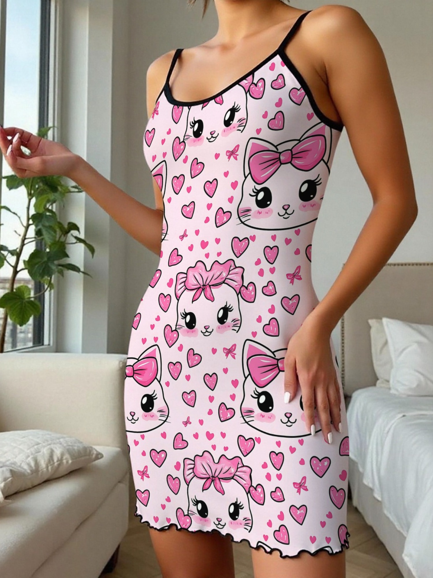 "Kitty Bows" Cute Cat Slip Nightdress | Sweet Heart Print Sleepwear Dress