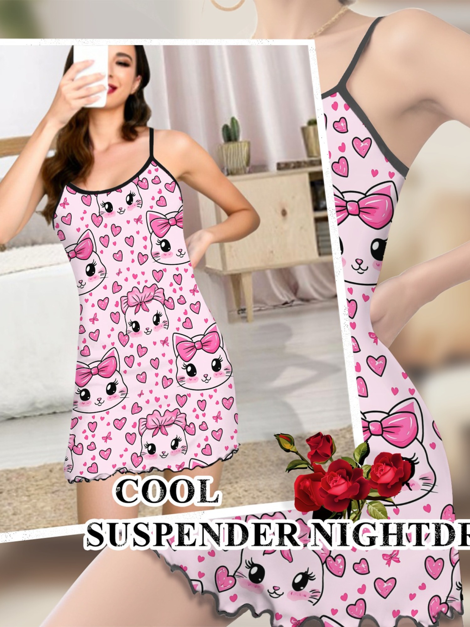 "Kitty Bows" Cute Cat Slip Nightdress | Sweet Heart Print Sleepwear Dress