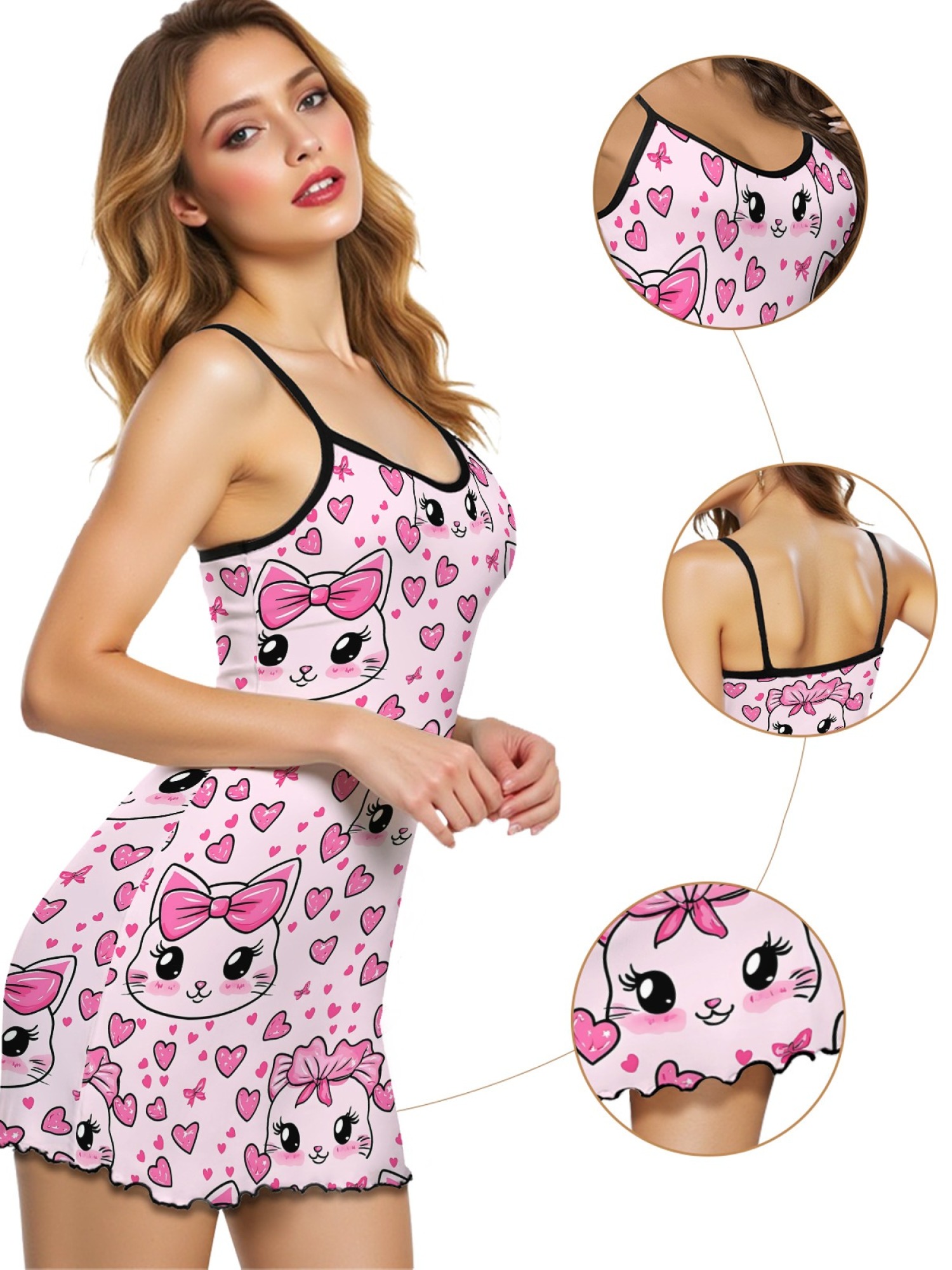 "Kitty Bows" Cute Cat Slip Nightdress | Sweet Heart Print Sleepwear Dress