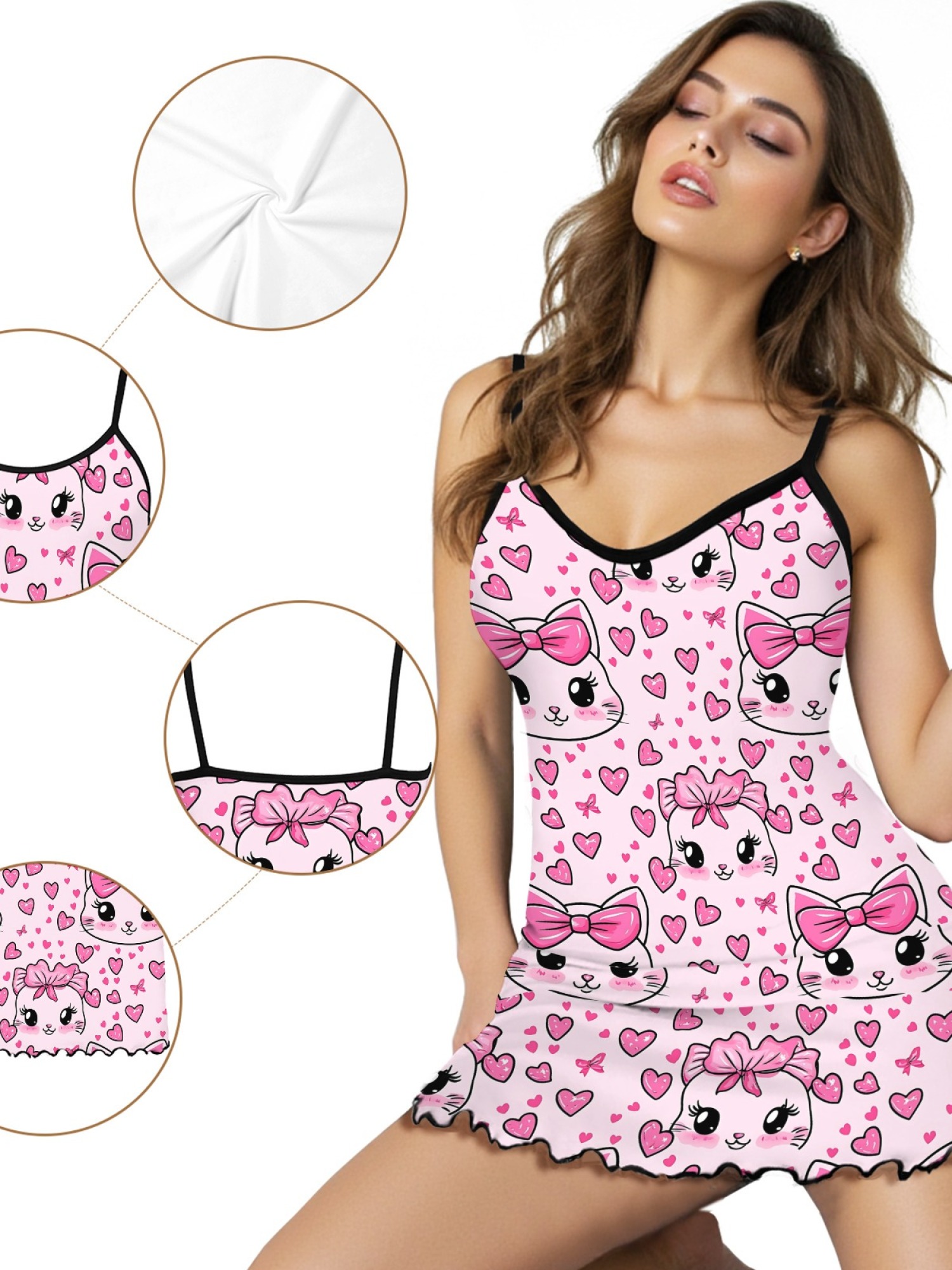 "Kitty Bows" Cute Cat Slip Nightdress | Sweet Heart Print Sleepwear Dress