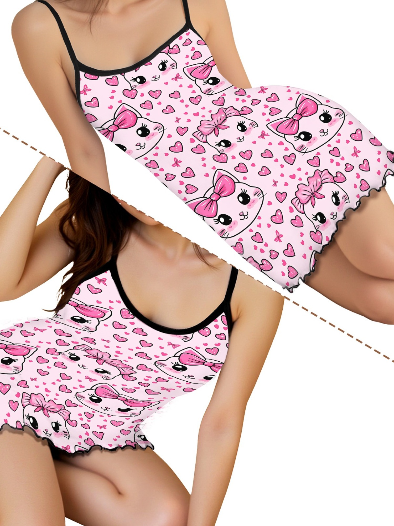 "Kitty Bows" Cute Cat Slip Nightdress | Sweet Heart Print Sleepwear Dress