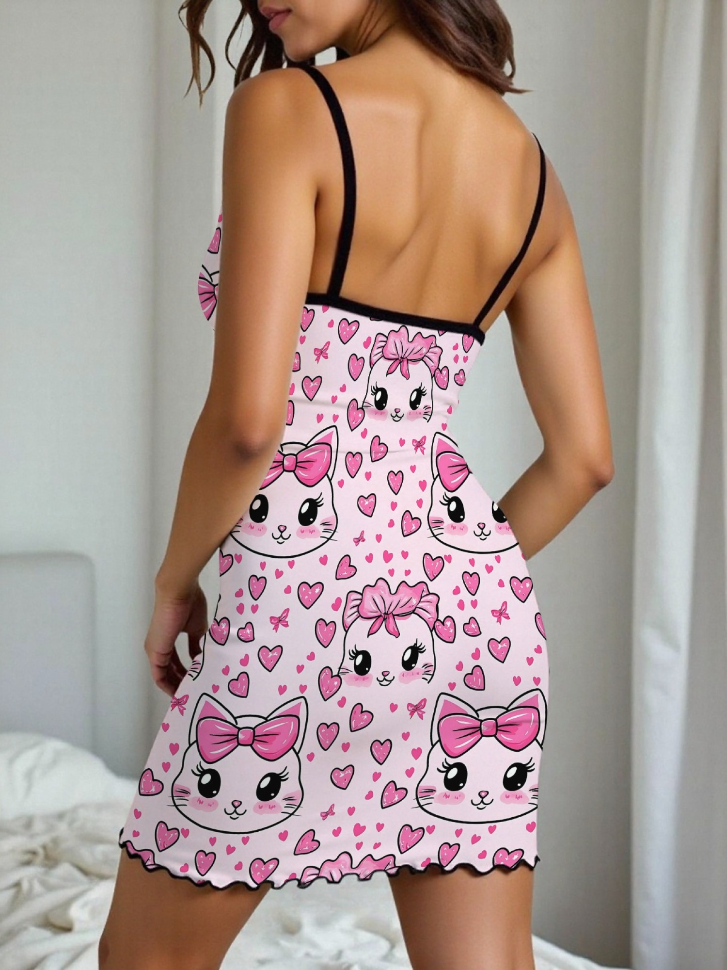 "Kitty Bows" Cute Cat Slip Nightdress | Sweet Heart Print Sleepwear Dress