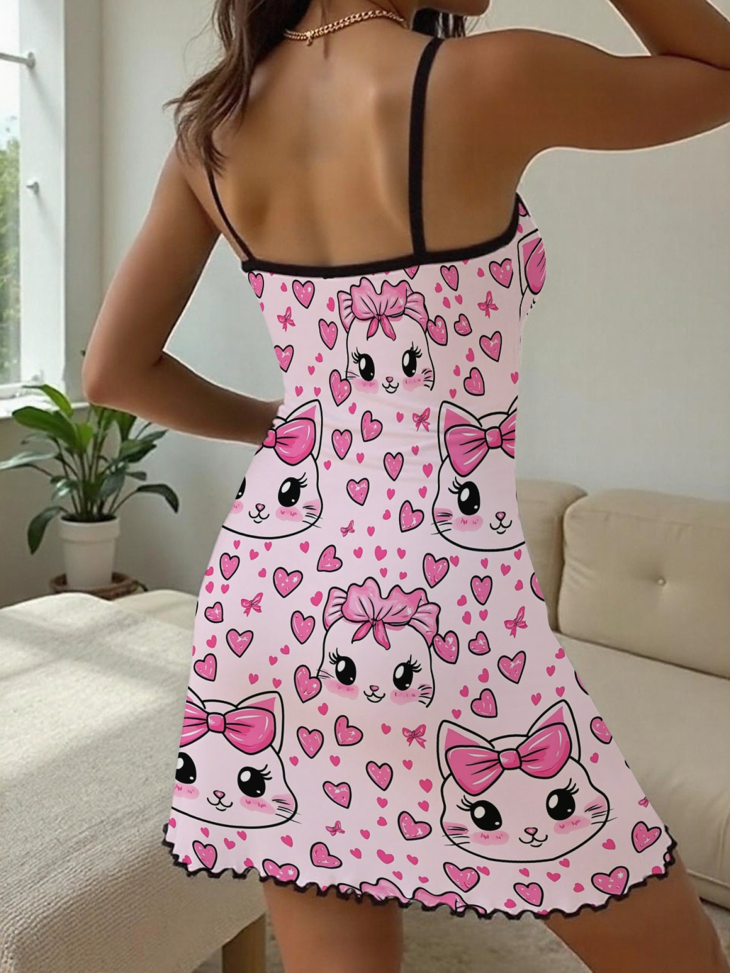 "Kitty Bows" Cute Cat Slip Nightdress | Sweet Heart Print Sleepwear Dress