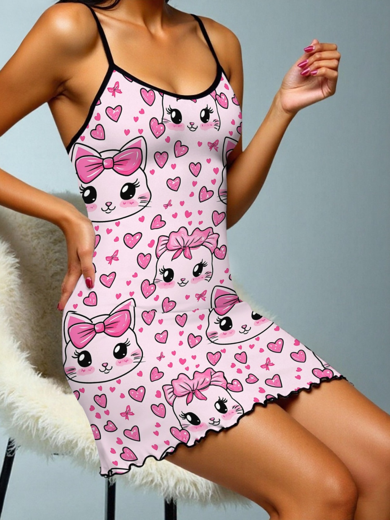 "Kitty Bows" Cute Cat Slip Nightdress | Sweet Heart Print Sleepwear Dress
