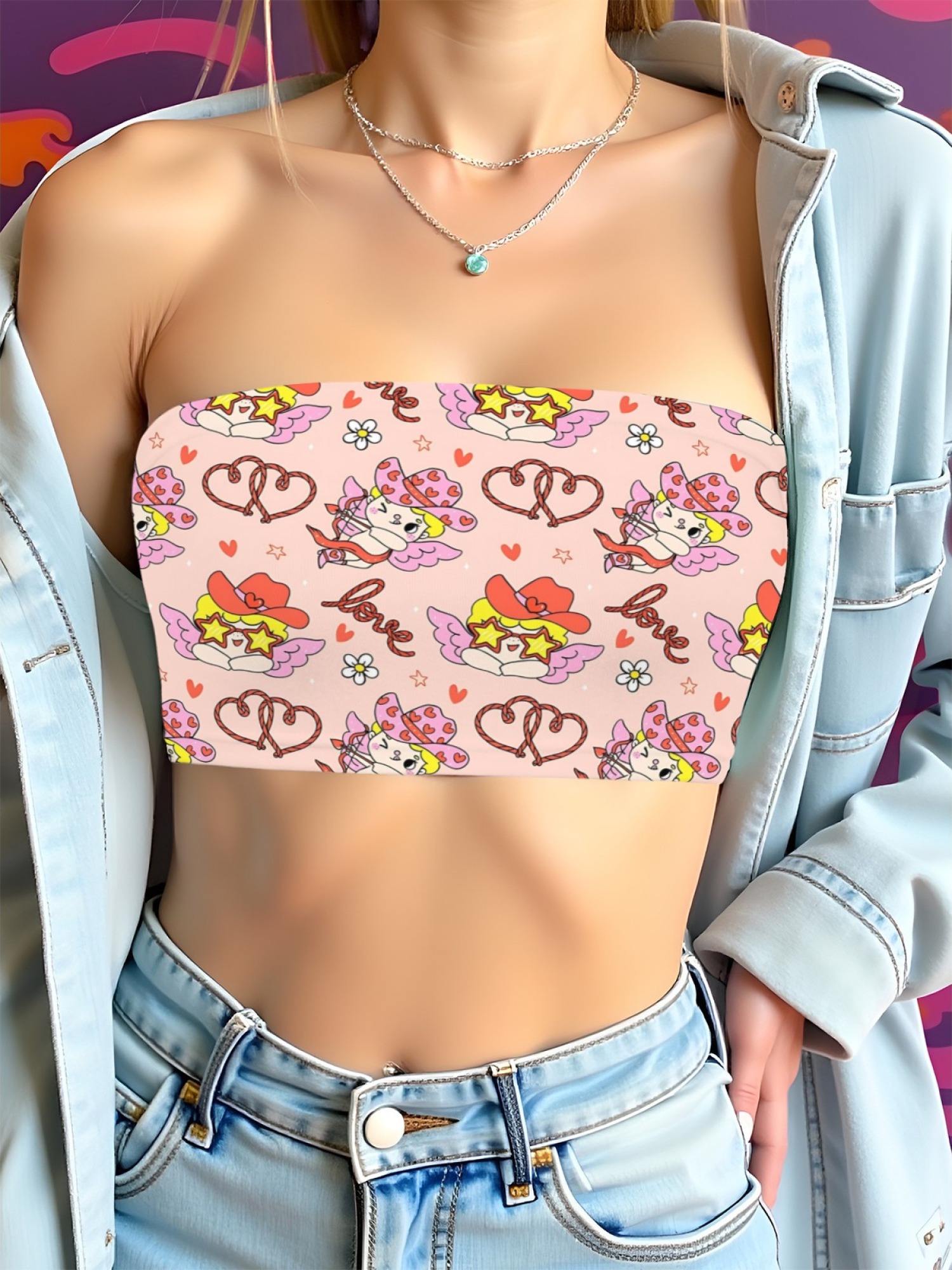 "Love Bandit" Cupid Cowgirl Tube Top | Kawaii Pink Angel & Heart Print Crop Top