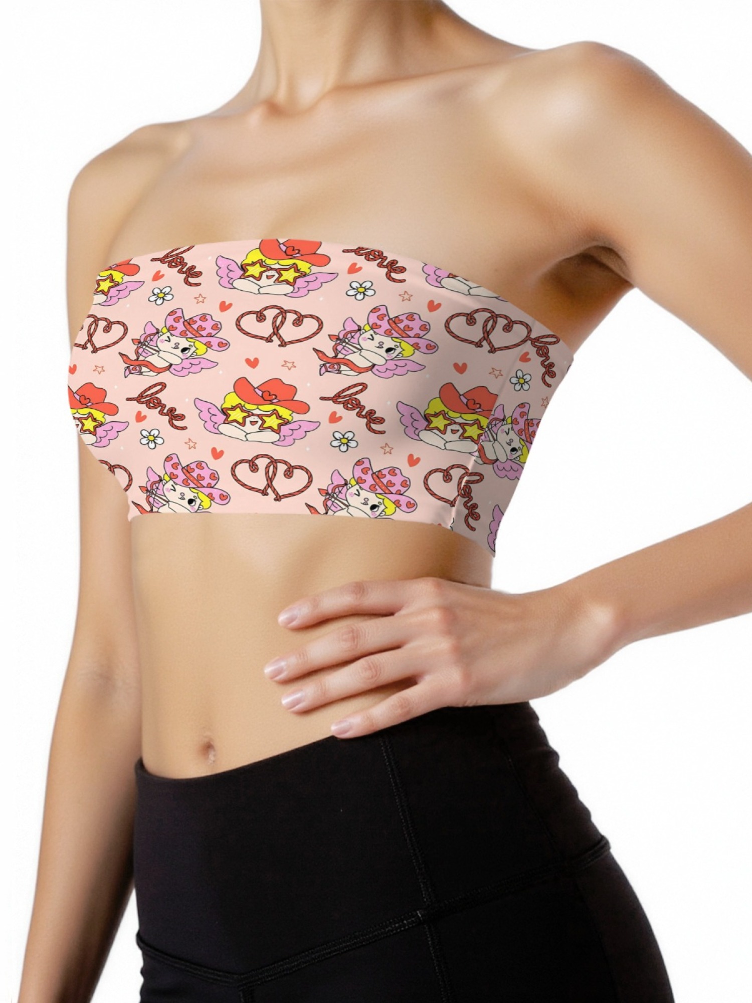 "Love Bandit" Cupid Cowgirl Tube Top | Kawaii Pink Angel & Heart Print Crop Top