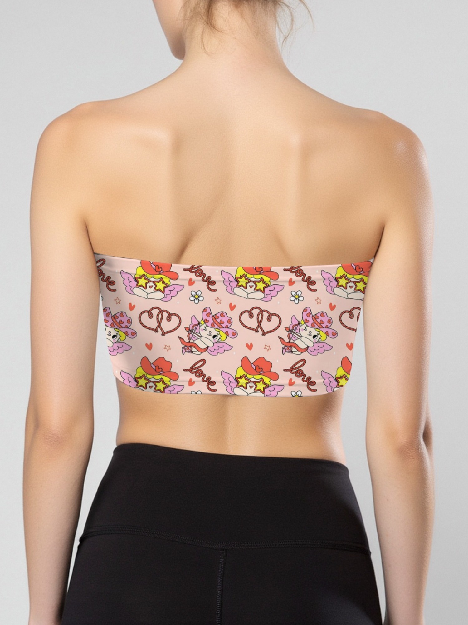 "Love Bandit" Cupid Cowgirl Tube Top | Kawaii Pink Angel & Heart Print Crop Top