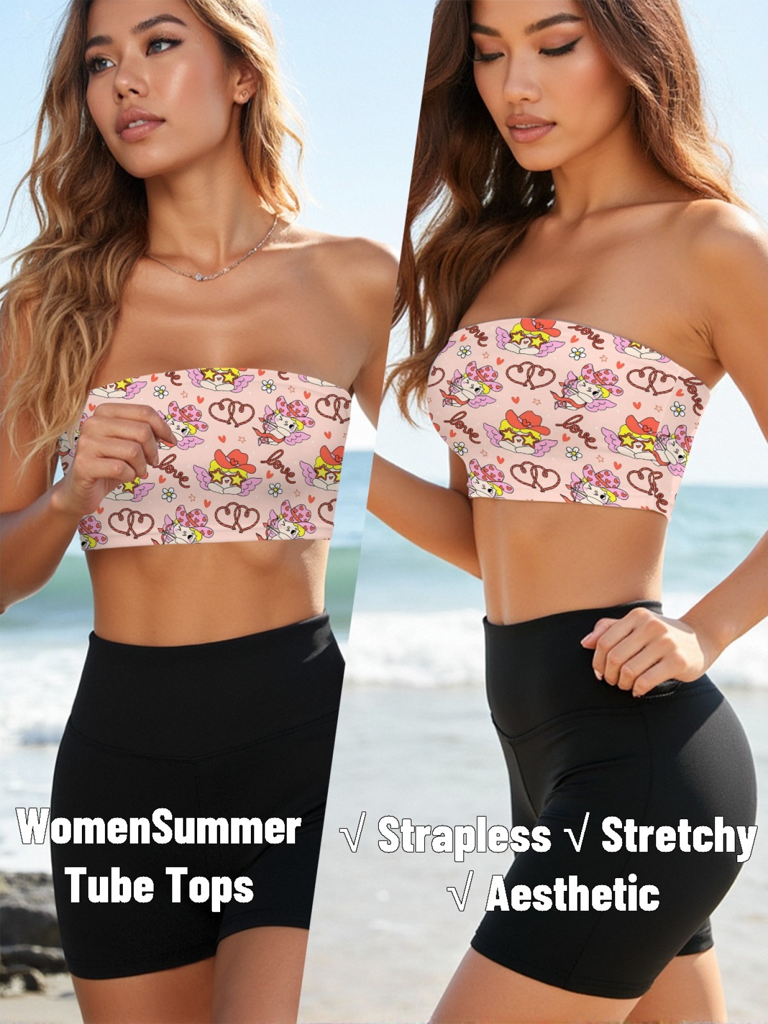 "Love Bandit" Cupid Cowgirl Tube Top | Kawaii Pink Angel & Heart Print Crop Top