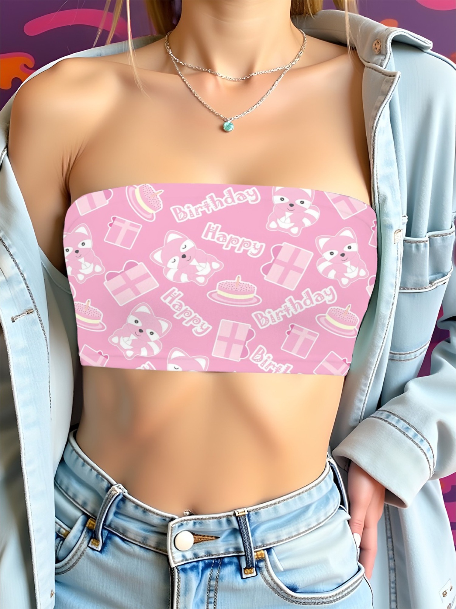 "Birthday Girl" Cute Raccoon Tube Top | Pink Kawaii Birthday Print Crop Top
