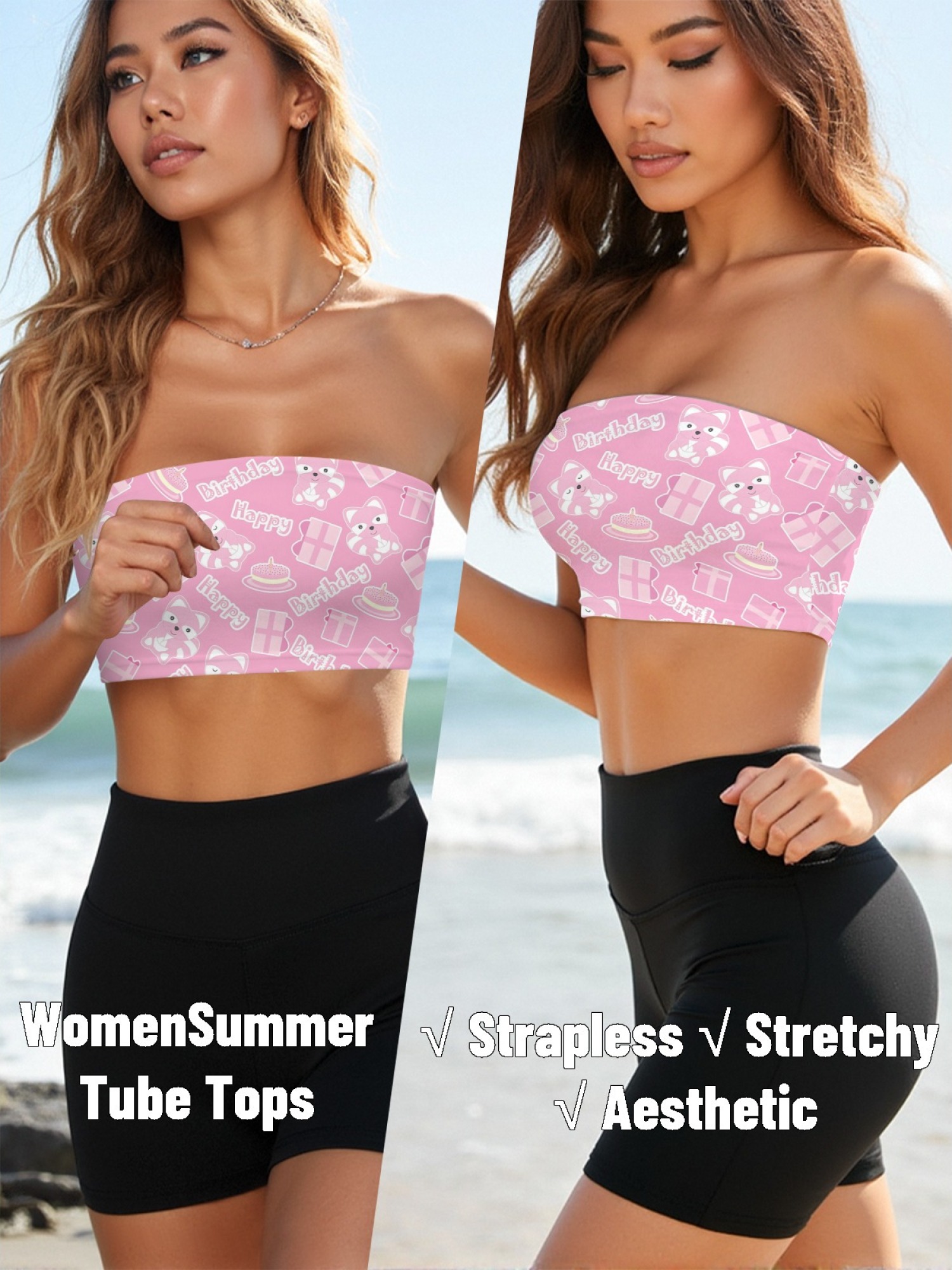 "Birthday Girl" Cute Raccoon Tube Top | Pink Kawaii Birthday Print Crop Top