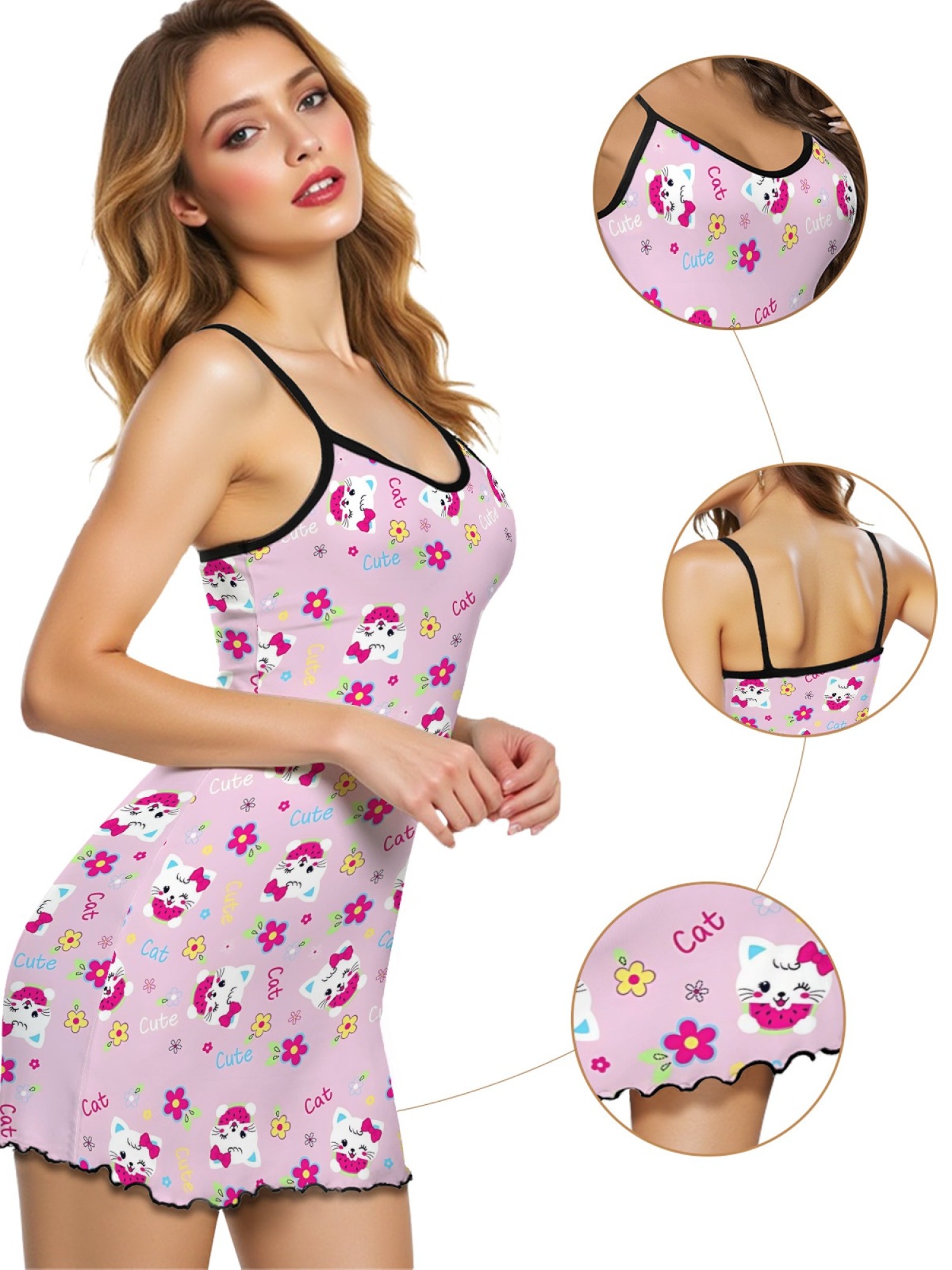 "Playful Kitty" Pink Cat Slip Nightdress | Floral & Polka Dot Print Sleepwear Dress