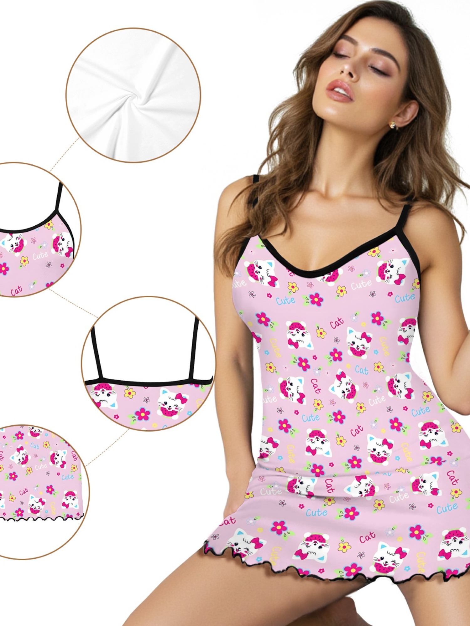 "Playful Kitty" Pink Cat Slip Nightdress | Floral & Polka Dot Print Sleepwear Dress