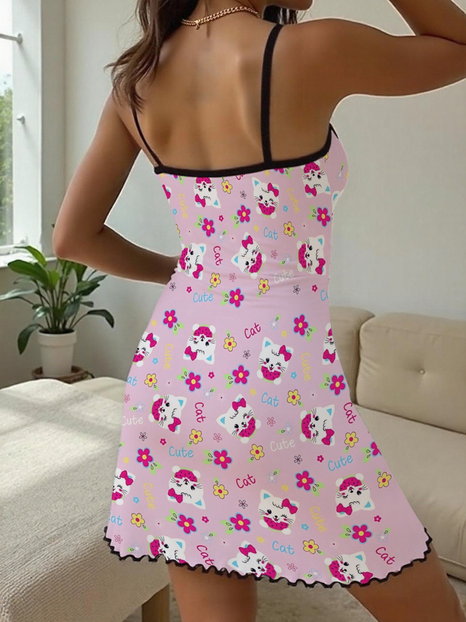 "Playful Kitty" Pink Cat Slip Nightdress | Floral & Polka Dot Print Sleepwear Dress