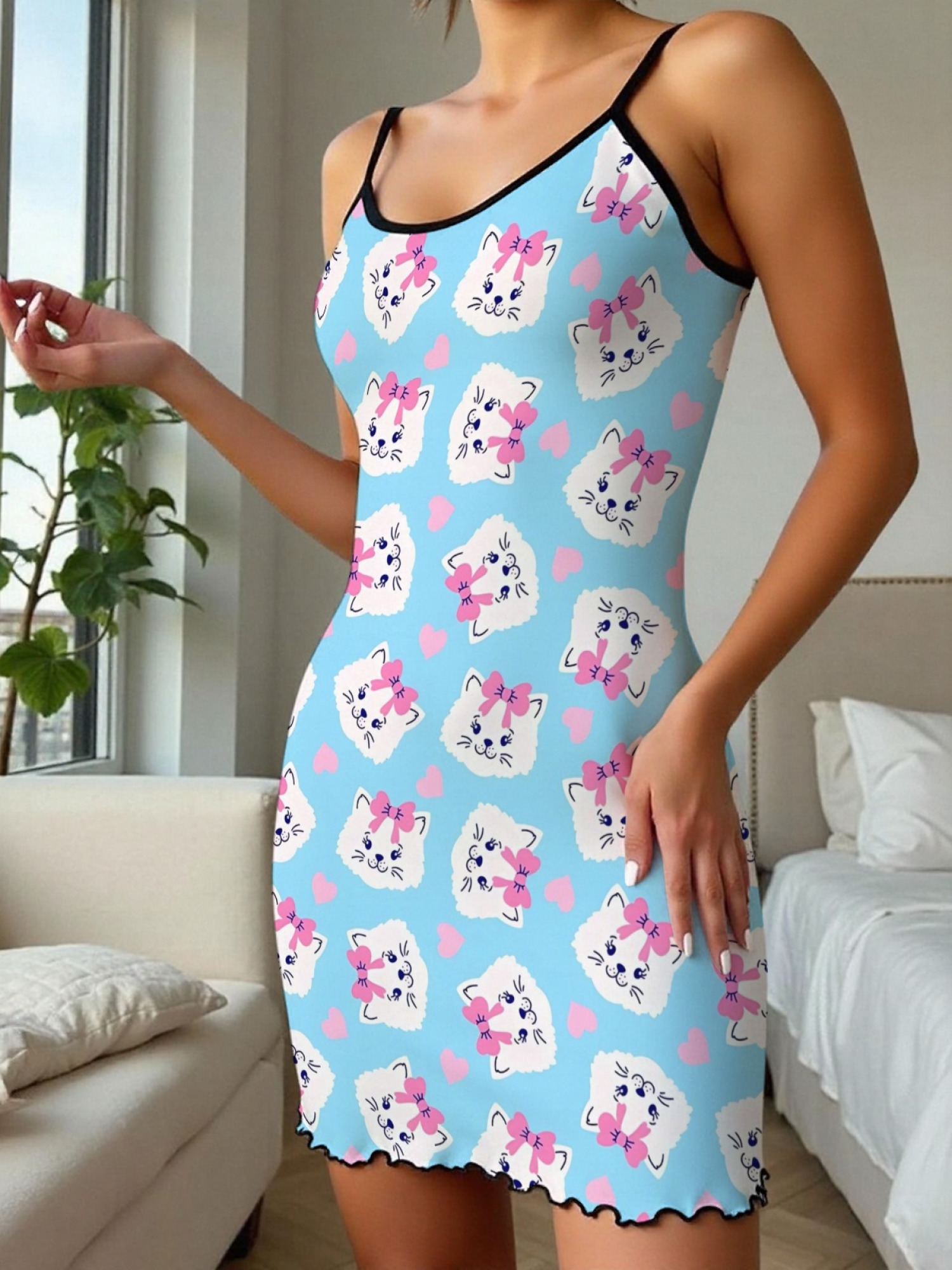 "Kitty Bows" Cute Cat Slip Nightdress | Sweet Heart Print Sleepwear Dress