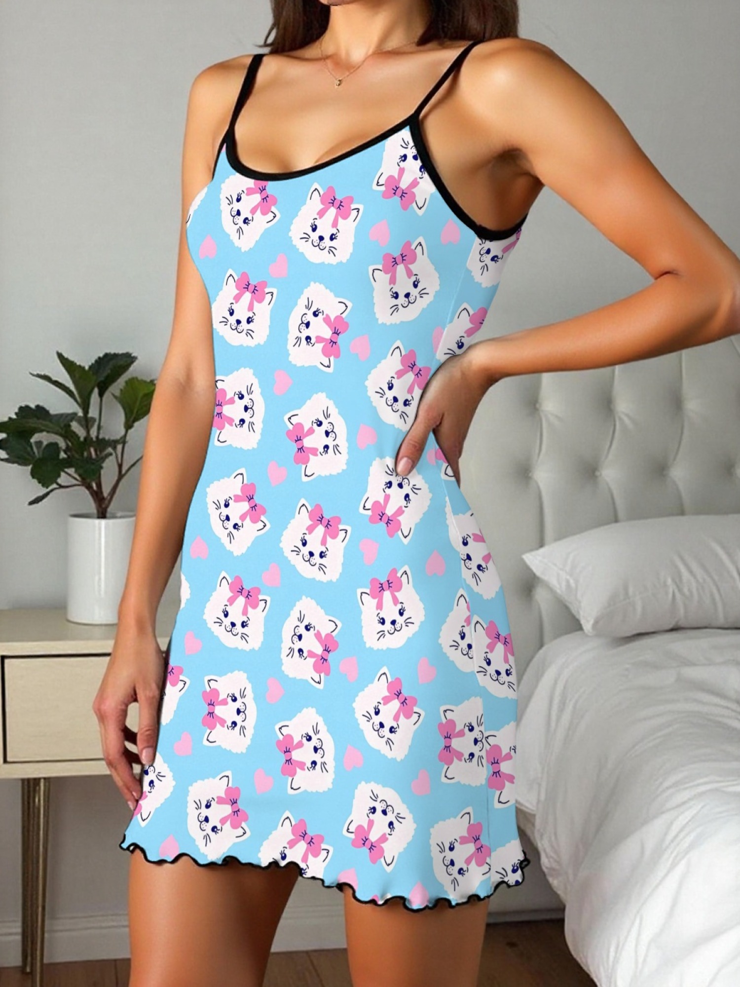 "Kitty Bows" Cute Cat Slip Nightdress | Sweet Heart Print Sleepwear Dress