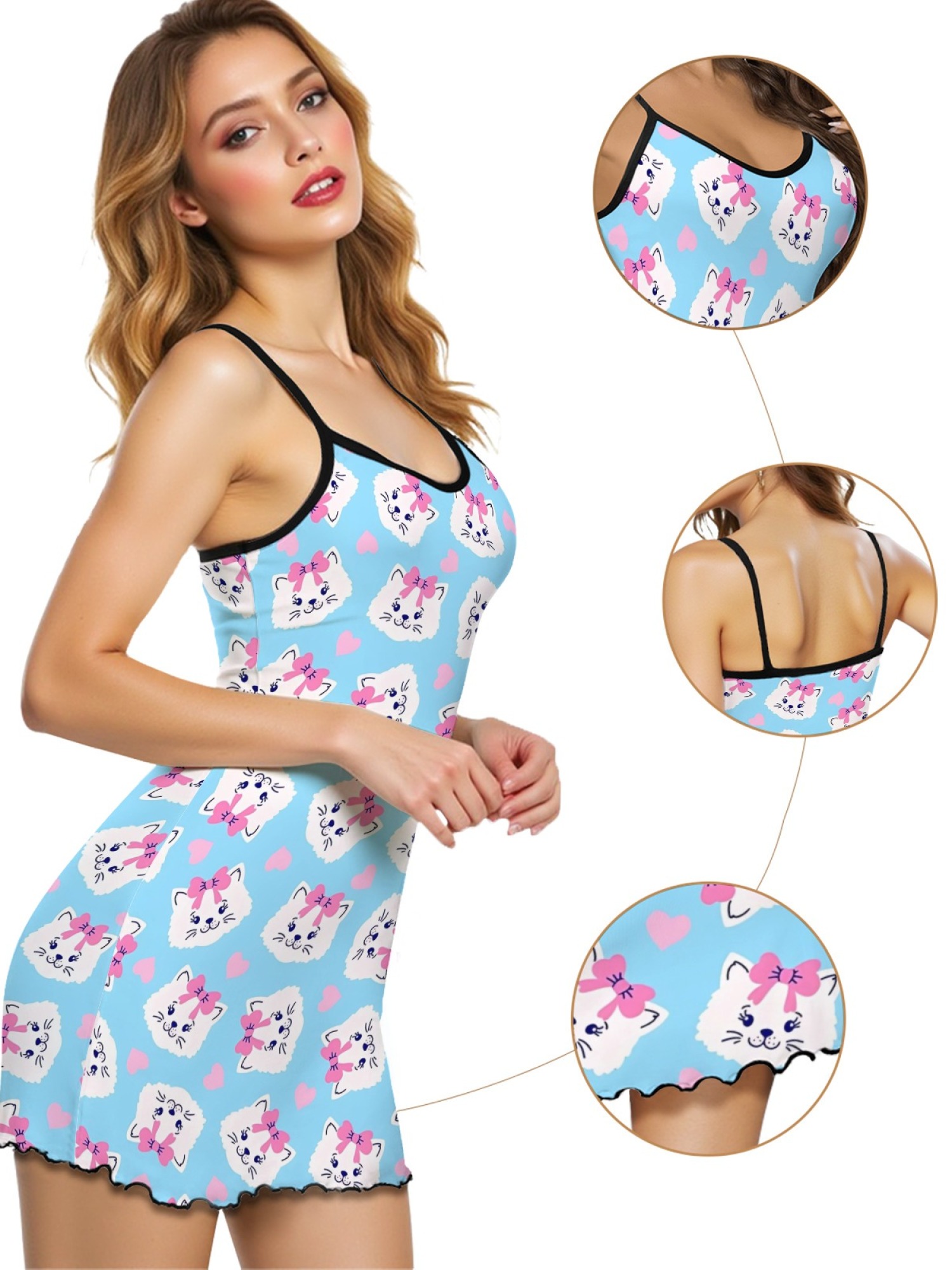 "Kitty Bows" Cute Cat Slip Nightdress | Sweet Heart Print Sleepwear Dress