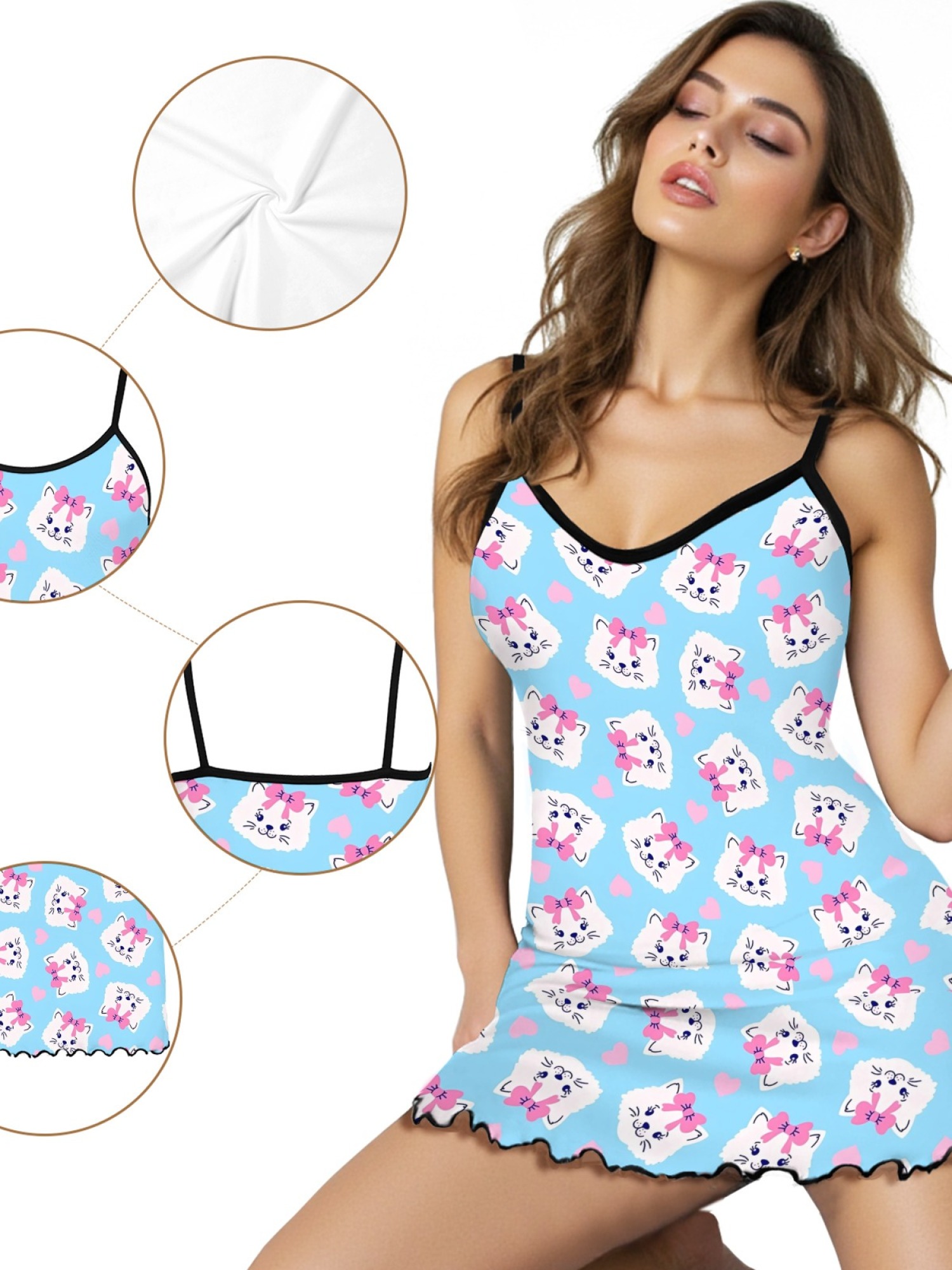 "Kitty Bows" Cute Cat Slip Nightdress | Sweet Heart Print Sleepwear Dress