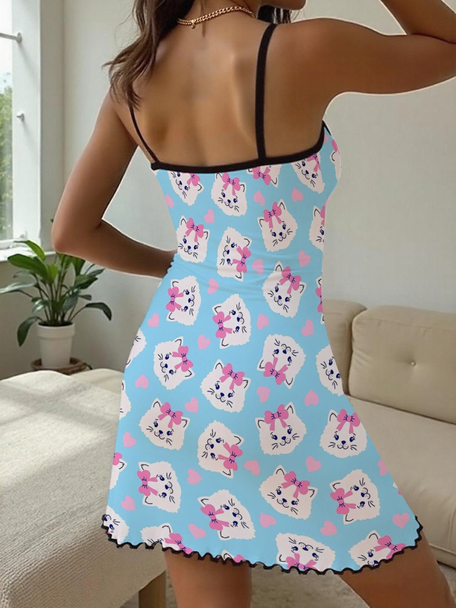 "Kitty Bows" Cute Cat Slip Nightdress | Sweet Heart Print Sleepwear Dress