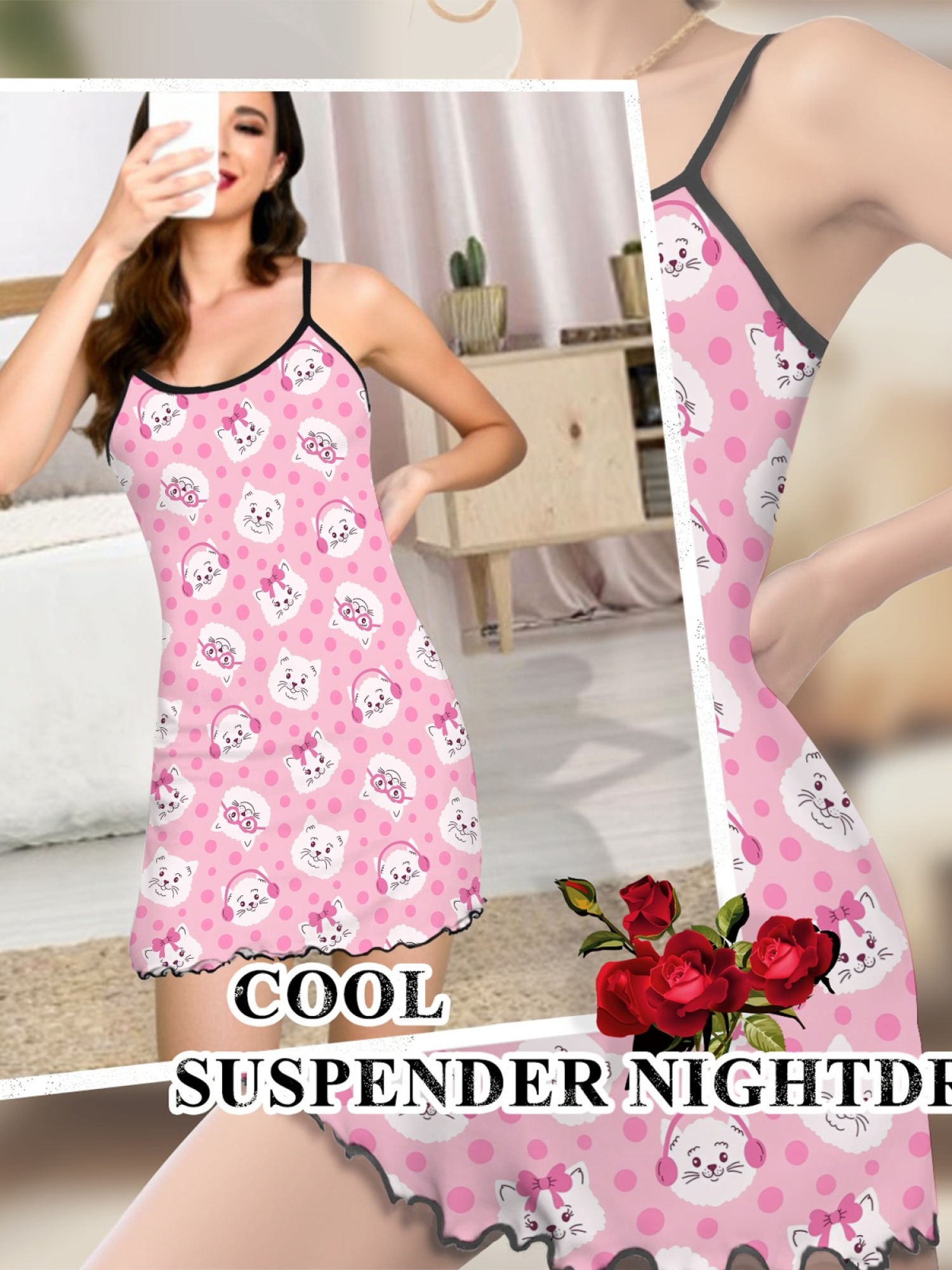 "Playful Kitty" Pink Cat Slip Nightdress | Floral & Polka Dot Print Sleepwear Dress