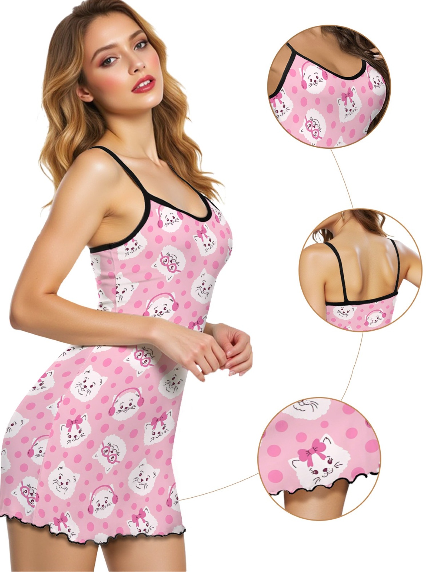 "Playful Kitty" Pink Cat Slip Nightdress | Floral & Polka Dot Print Sleepwear Dress