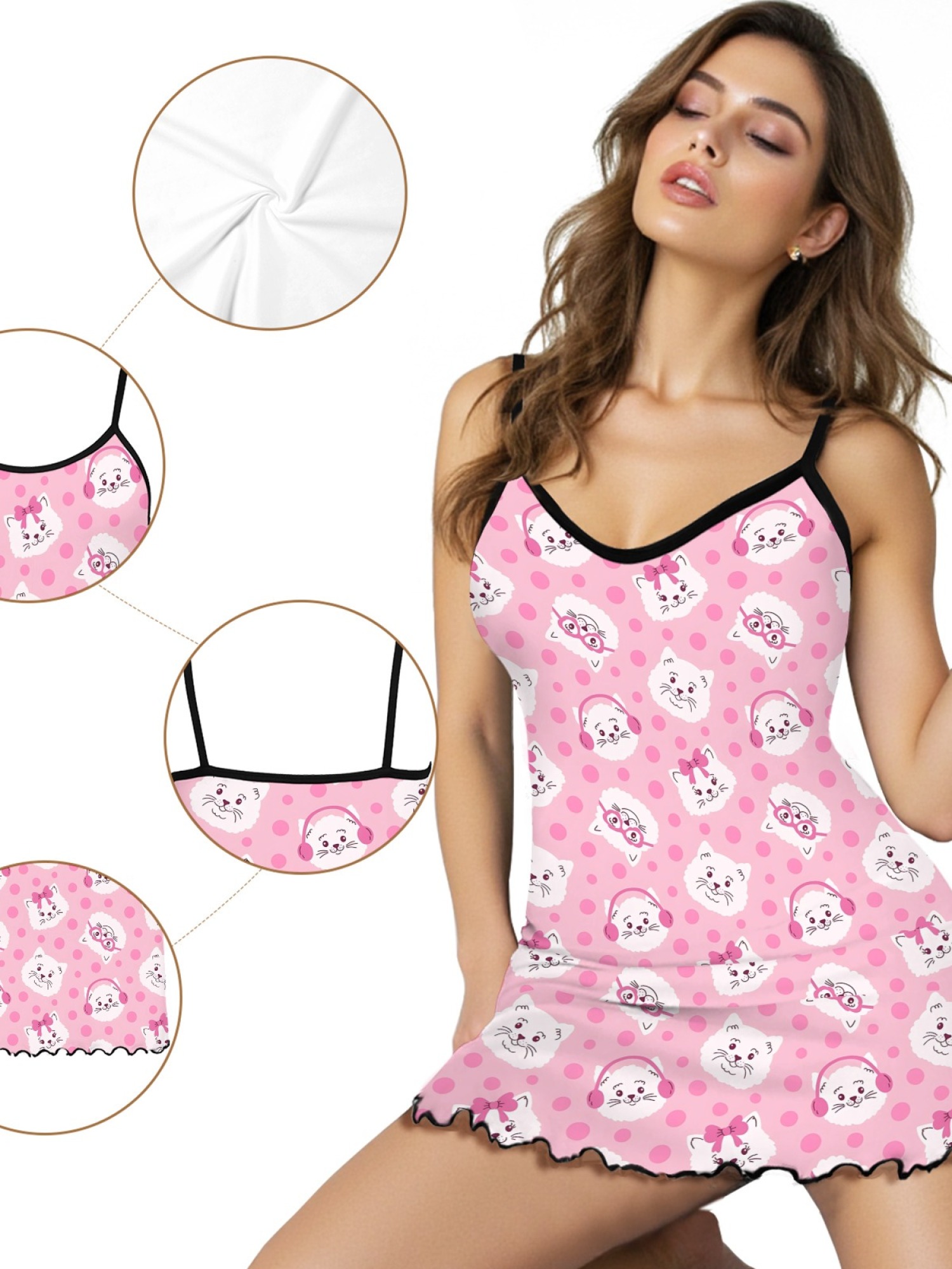 "Playful Kitty" Pink Cat Slip Nightdress | Floral & Polka Dot Print Sleepwear Dress