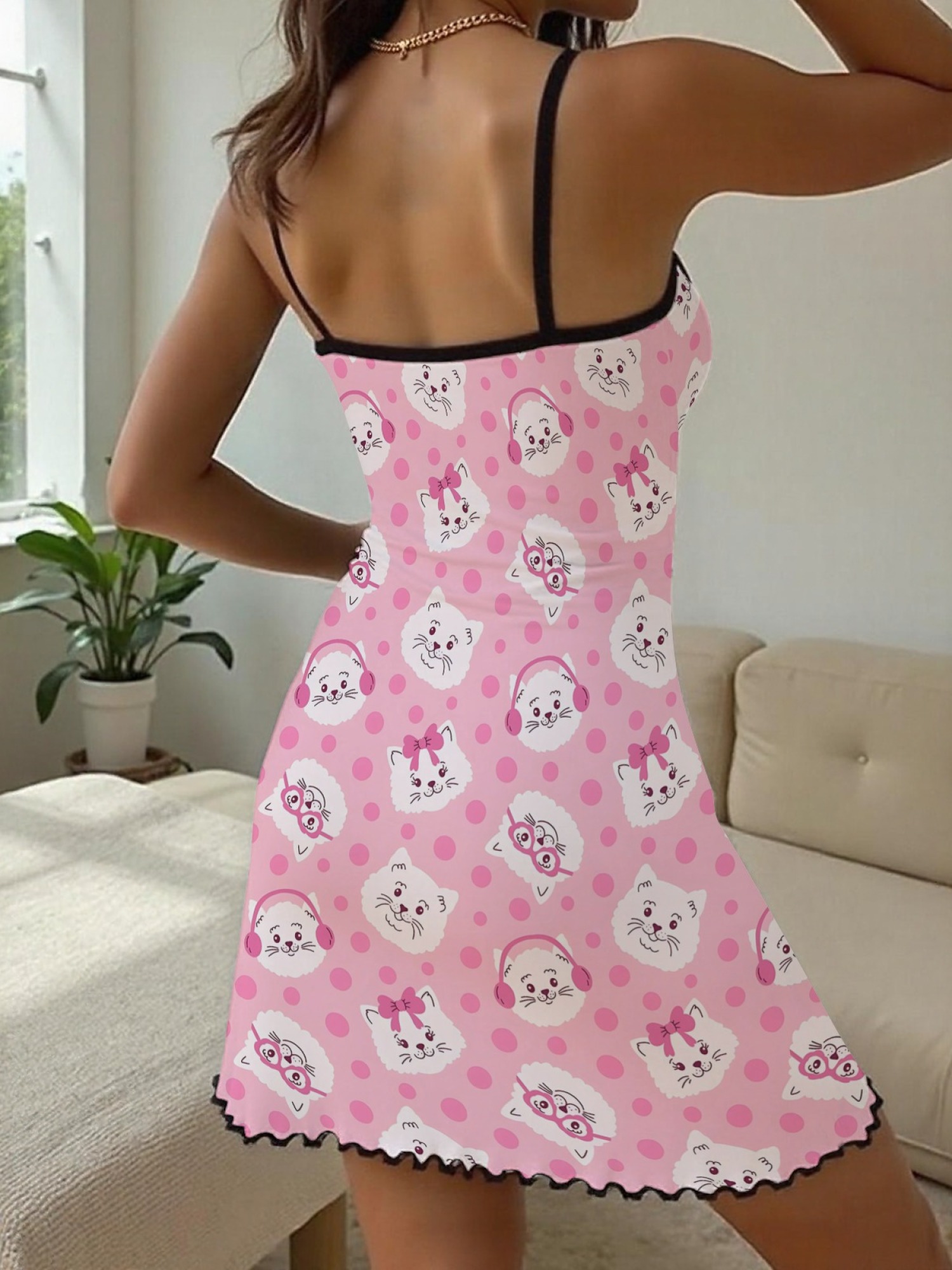 "Playful Kitty" Pink Cat Slip Nightdress | Floral & Polka Dot Print Sleepwear Dress