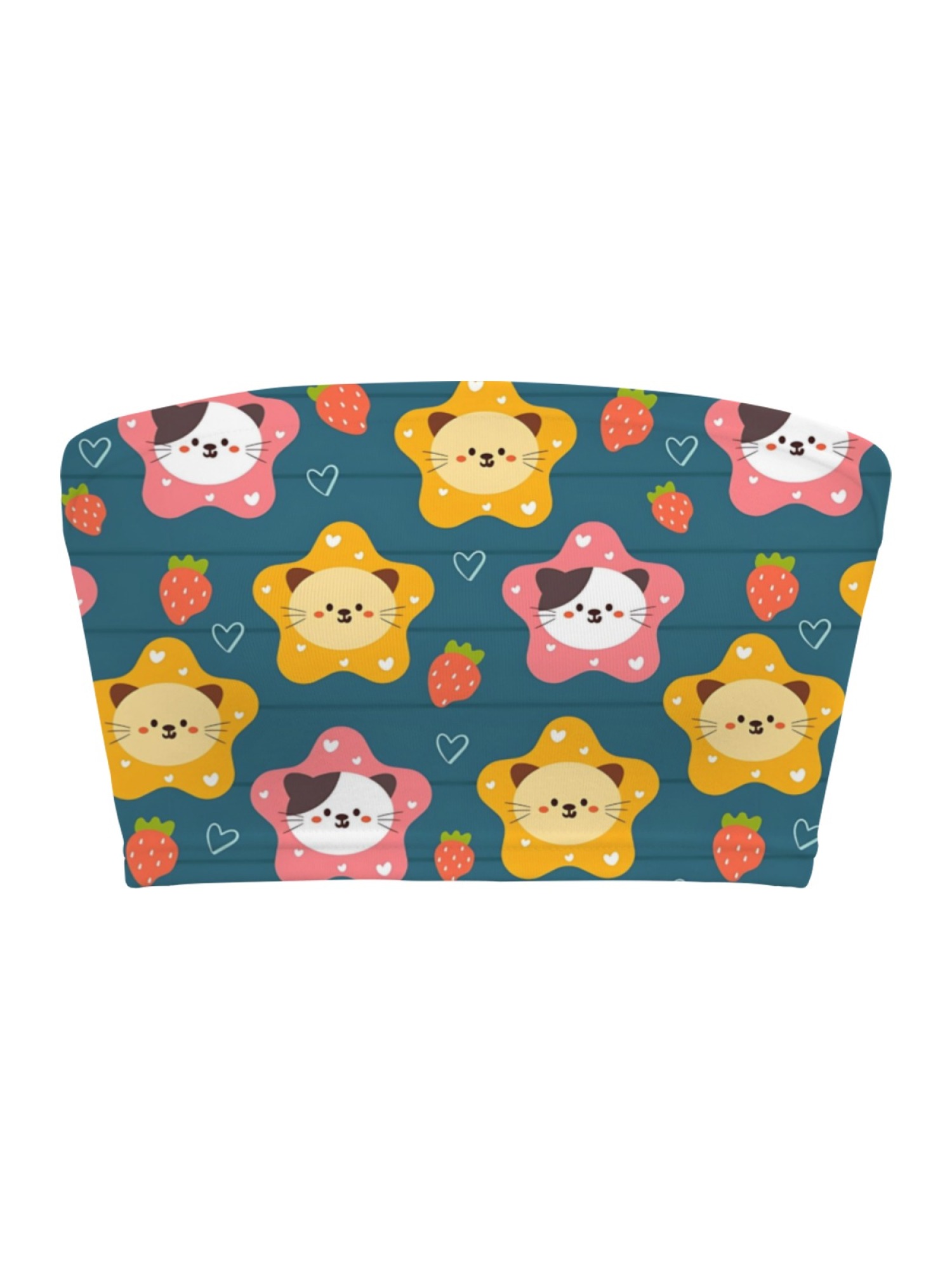 "Kawaii Kitty" Star & Strawberry Tube Top | Cute Cat Print Strapless Crop Top