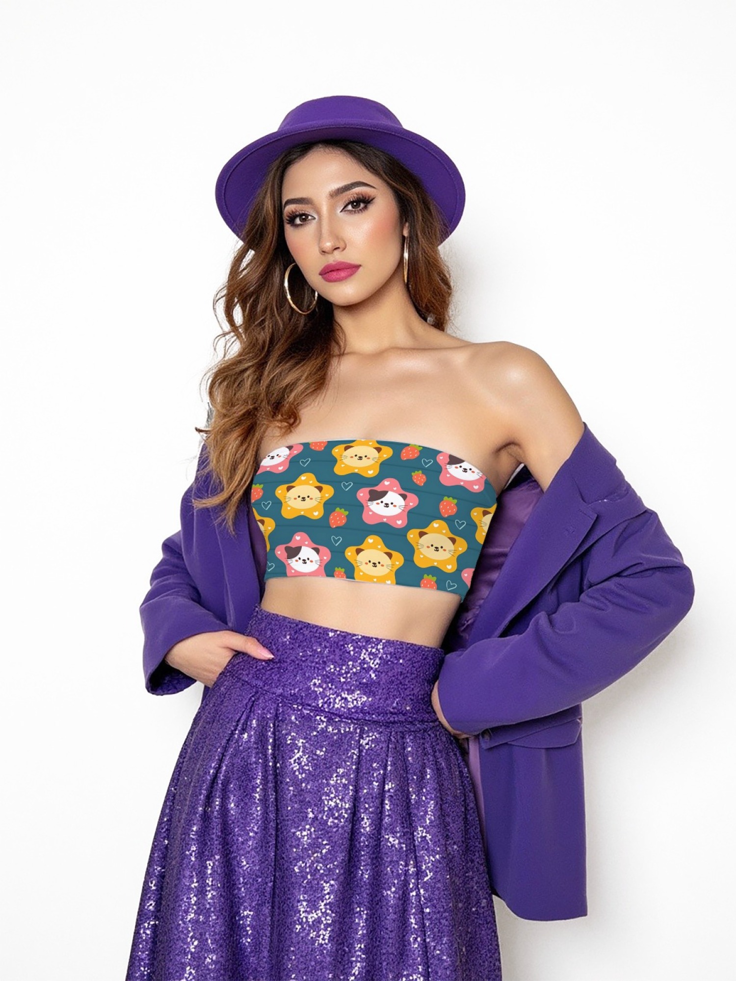 "Kawaii Kitty" Star & Strawberry Tube Top | Cute Cat Print Strapless Crop Top